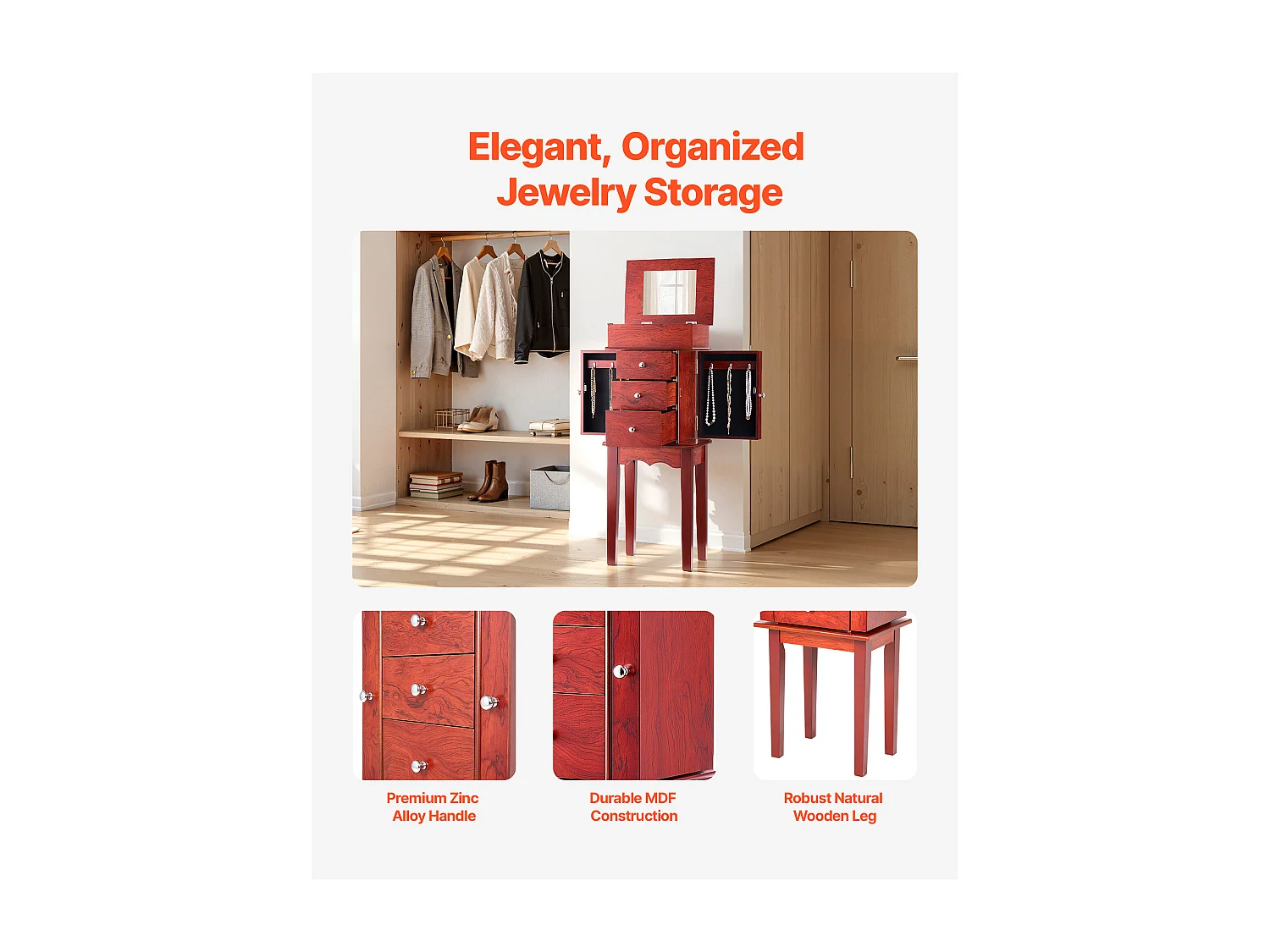Armoire à Bijoux SucceBuy sur Pied en Bois, Coffre Rangement à Bijoux avec 3 Tiroirs, Miroir Rabattable, 4 Compartiments Rangement Supérieurs, Poignées