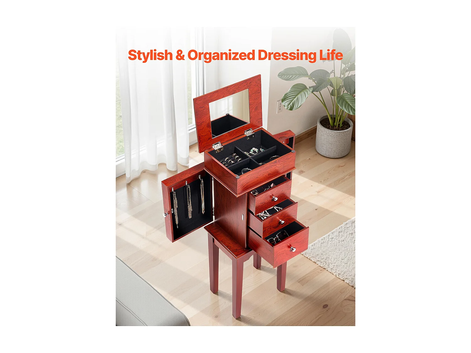 Armoire à Bijoux SucceBuy sur Pied en Bois, Coffre Rangement à Bijoux avec 3 Tiroirs, Miroir Rabattable, 4 Compartiments Rangement Supérieurs, Poignées