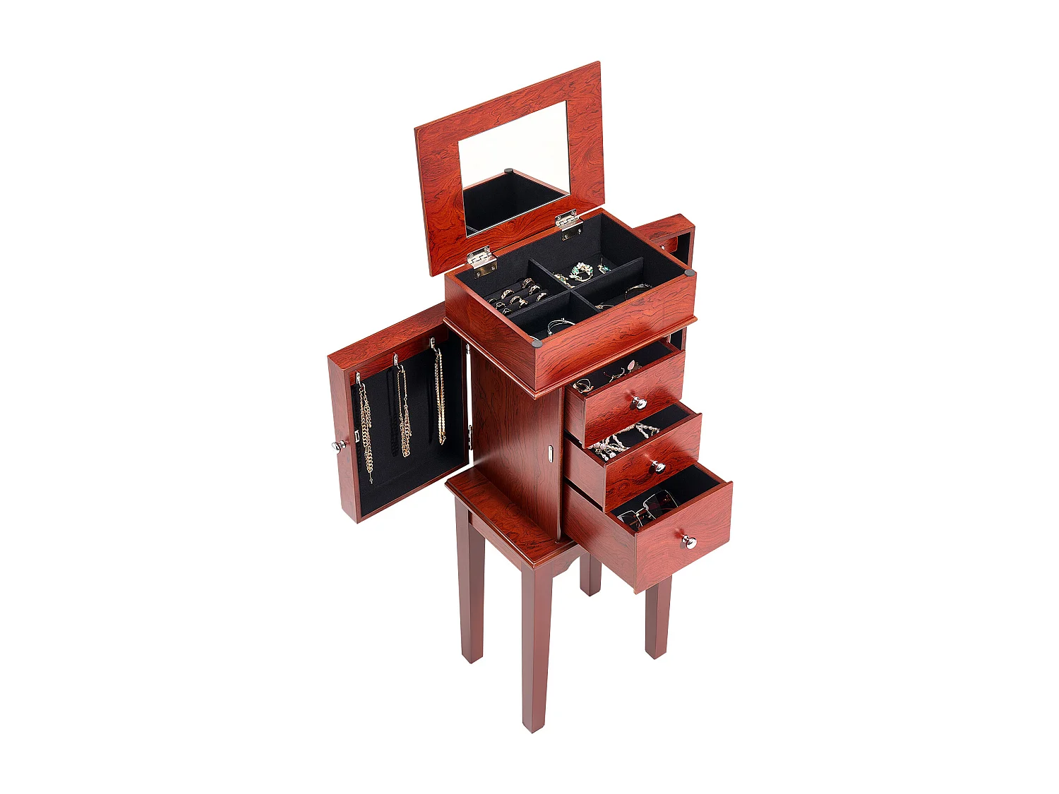 Armoire à Bijoux SucceBuy sur Pied en Bois, Coffre Rangement à Bijoux avec 3 Tiroirs, Miroir Rabattable, 4 Compartiments Rangement Supérieurs, Poignées