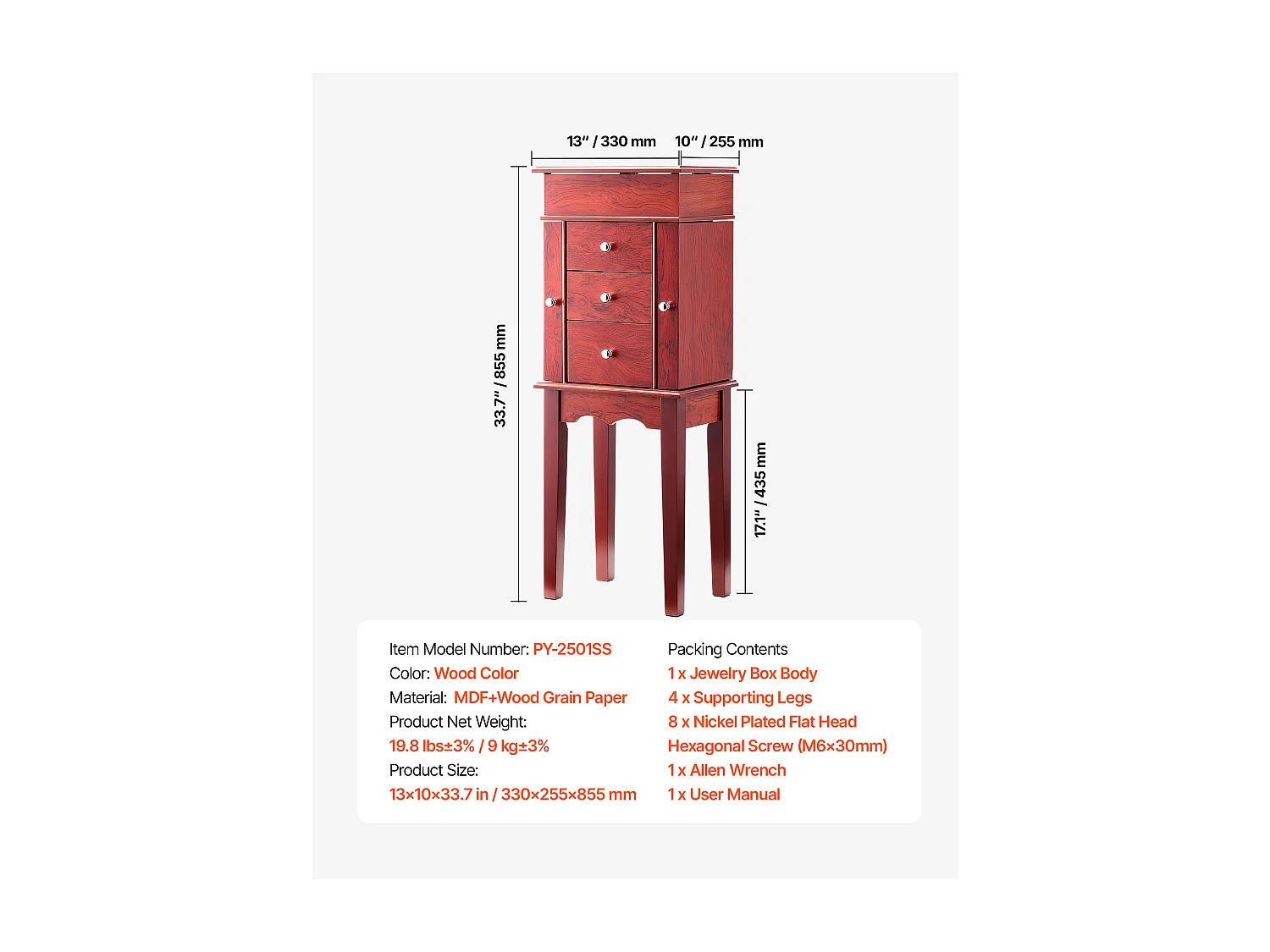 Armoire à Bijoux SucceBuy sur Pied en Bois, Coffre Rangement à Bijoux avec 3 Tiroirs, Miroir Rabattable, 4 Compartiments Rangement Supérieurs, Poignées