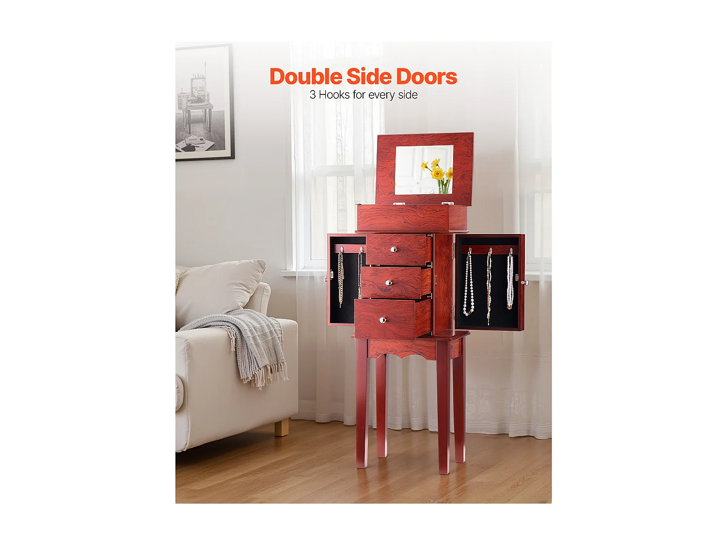 Armoire à Bijoux SucceBuy sur Pied en Bois, Coffre Rangement à Bijoux avec 3 Tiroirs, Miroir Rabattable, 4 Compartiments Rangement Supérieurs, Poignées