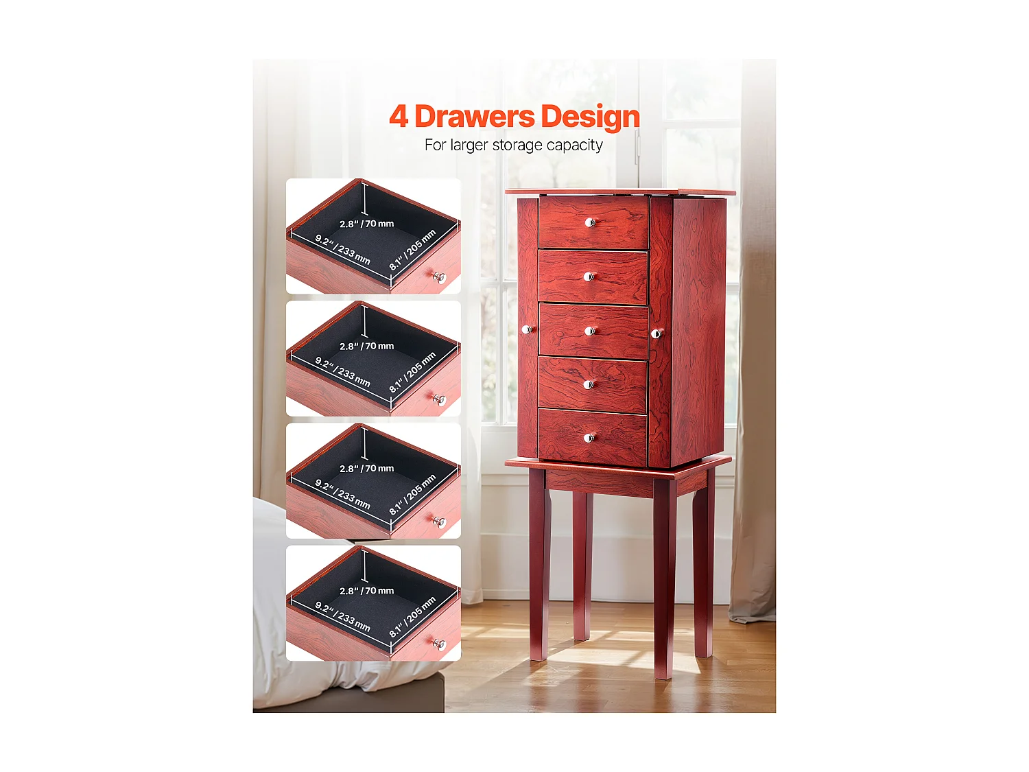 Armoire à Bijoux SucceBuy sur Pied en Bois, Coffre Rangement à Bijoux avec 4 Tiroirs, Miroir Rabattable, 4 Compartiments Rangement Supérieurs, Poignées