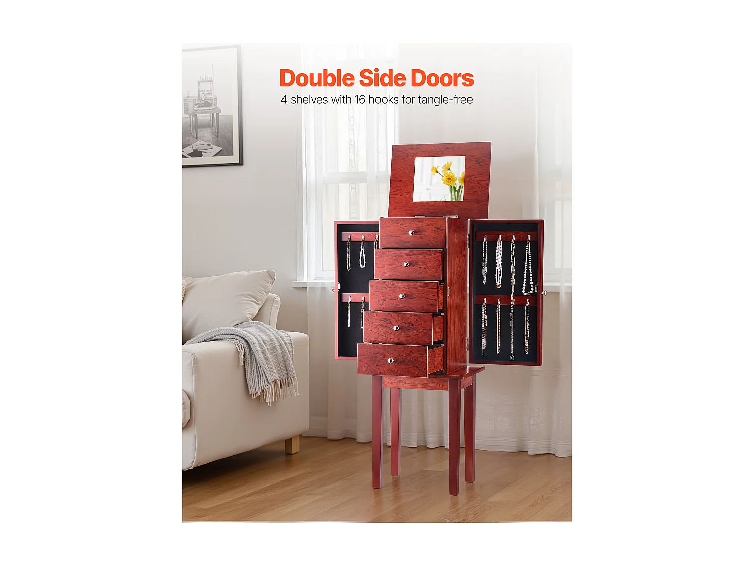 Armoire à Bijoux SucceBuy sur Pied en Bois, Coffre Rangement à Bijoux avec 4 Tiroirs, Miroir Rabattable, 4 Compartiments Rangement Supérieurs, Poignées