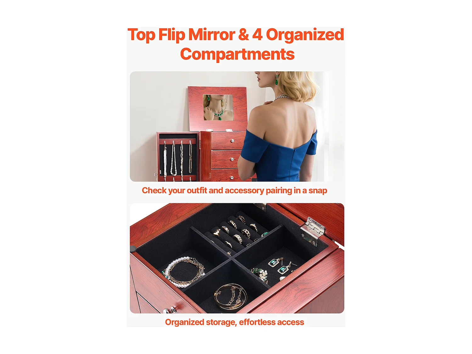 Armoire à Bijoux SucceBuy sur Pied en Bois, Coffre Rangement à Bijoux avec 4 Tiroirs, Miroir Rabattable, 4 Compartiments Rangement Supérieurs, Poignées