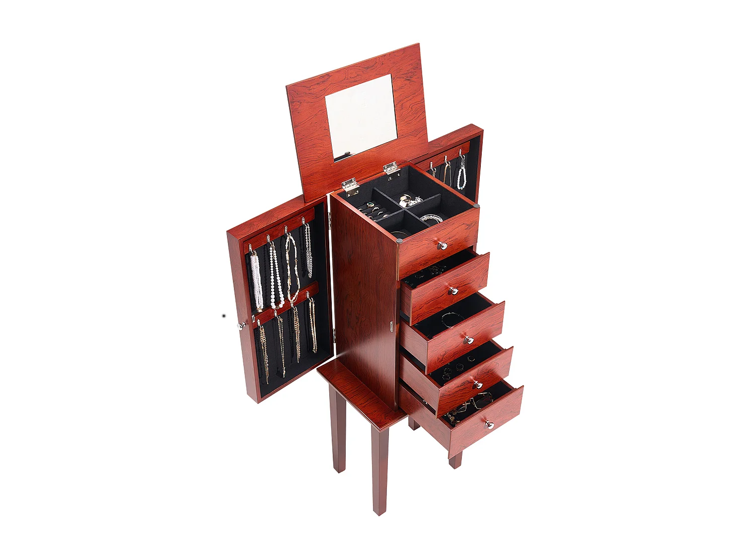 Armoire à Bijoux SucceBuy sur Pied en Bois, Coffre Rangement à Bijoux avec 4 Tiroirs, Miroir Rabattable, 4 Compartiments Rangement Supérieurs, Poignées