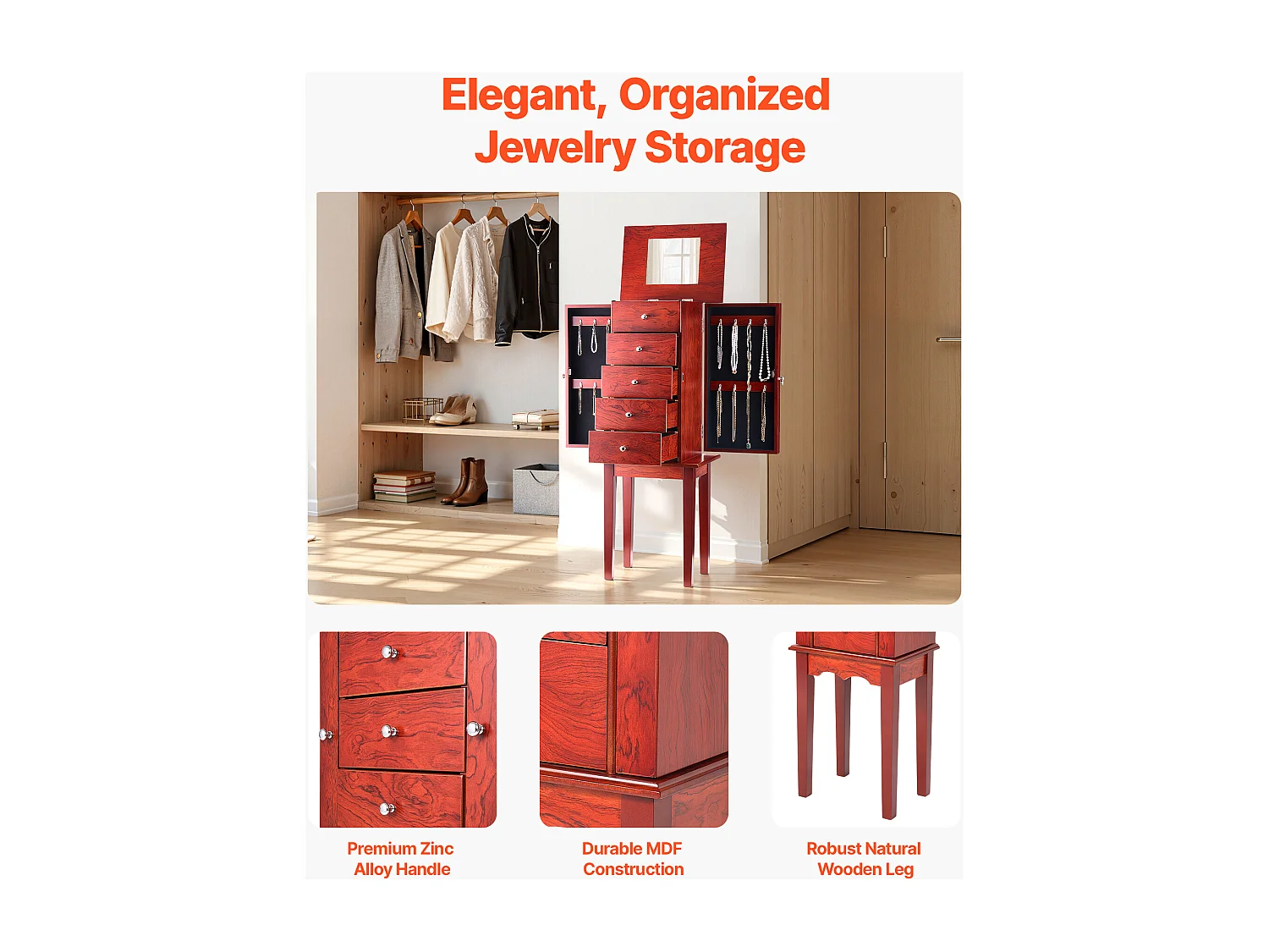 Armoire à Bijoux SucceBuy sur Pied en Bois, Coffre Rangement à Bijoux avec 4 Tiroirs, Miroir Rabattable, 4 Compartiments Rangement Supérieurs, Poignées