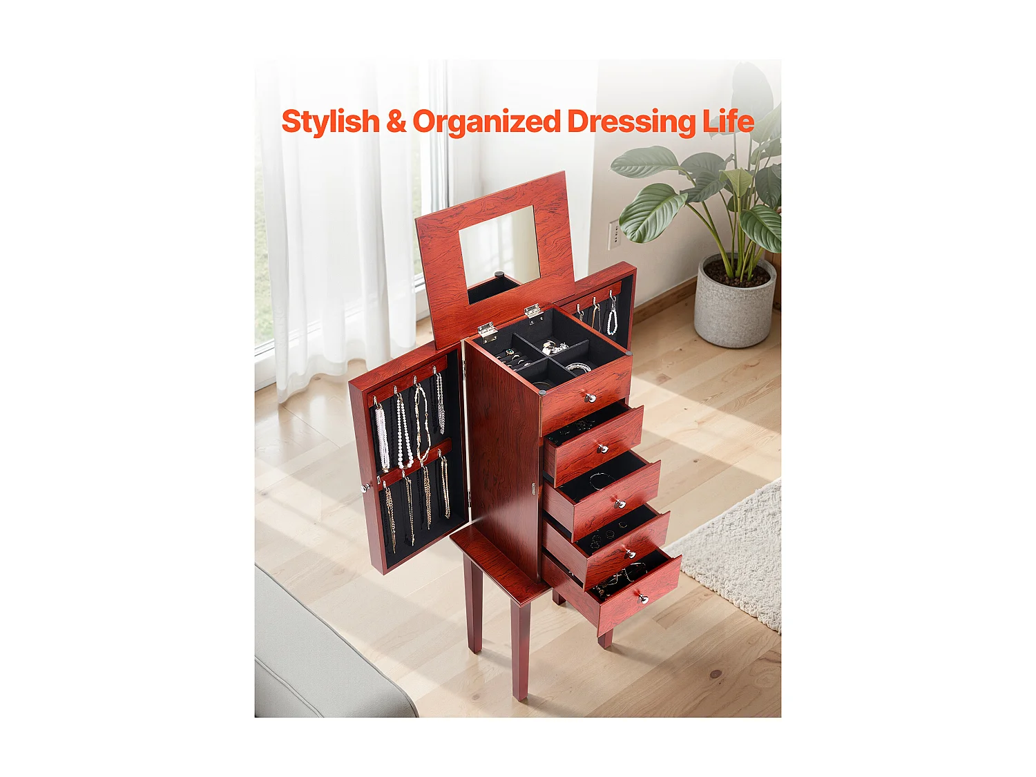 Armoire à Bijoux SucceBuy sur Pied en Bois, Coffre Rangement à Bijoux avec 4 Tiroirs, Miroir Rabattable, 4 Compartiments Rangement Supérieurs, Poignées