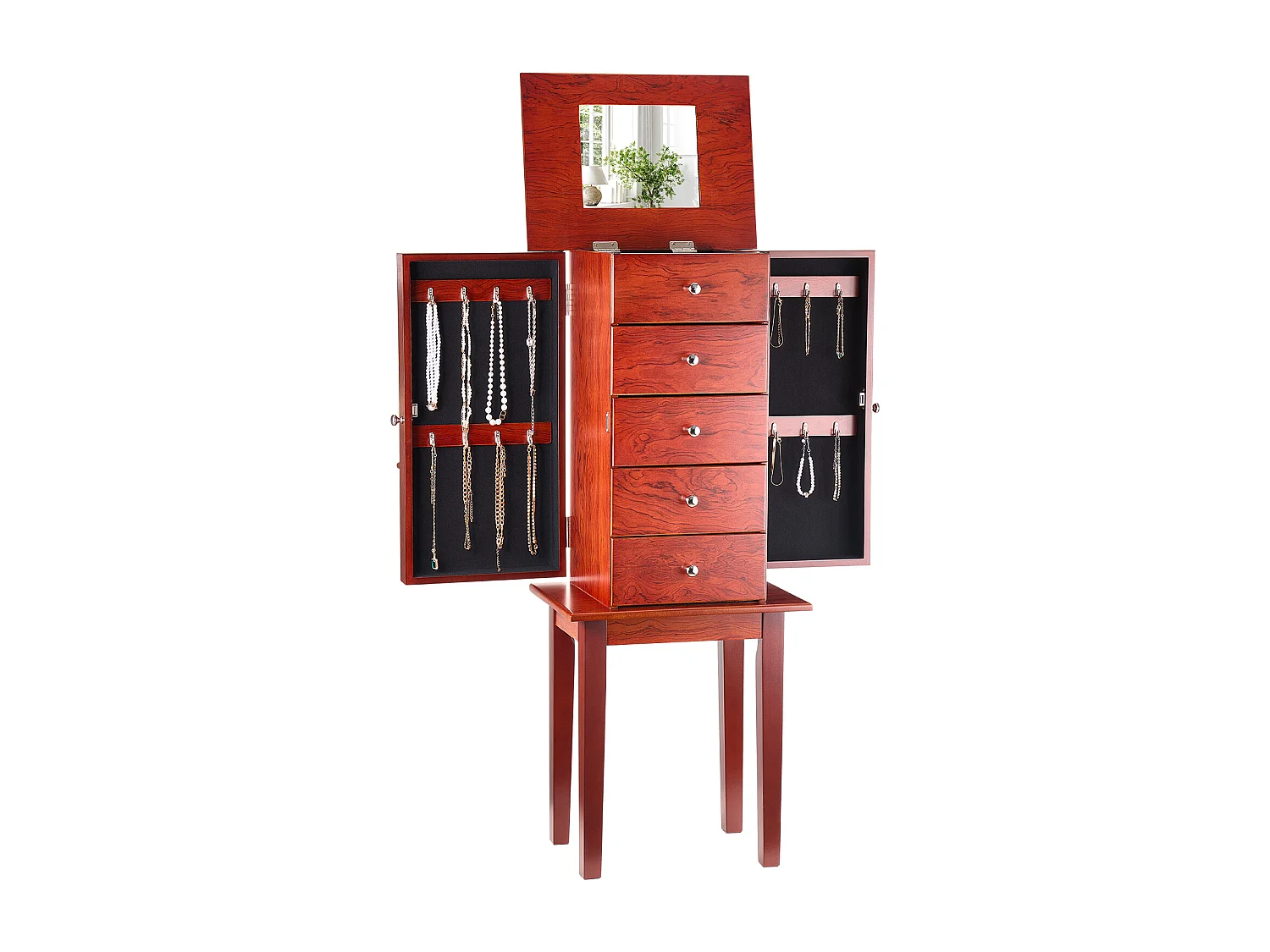 Armoire à Bijoux SucceBuy sur Pied en Bois, Coffre Rangement à Bijoux avec 4 Tiroirs, Miroir Rabattable, 4 Compartiments Rangement Supérieurs, Poignées