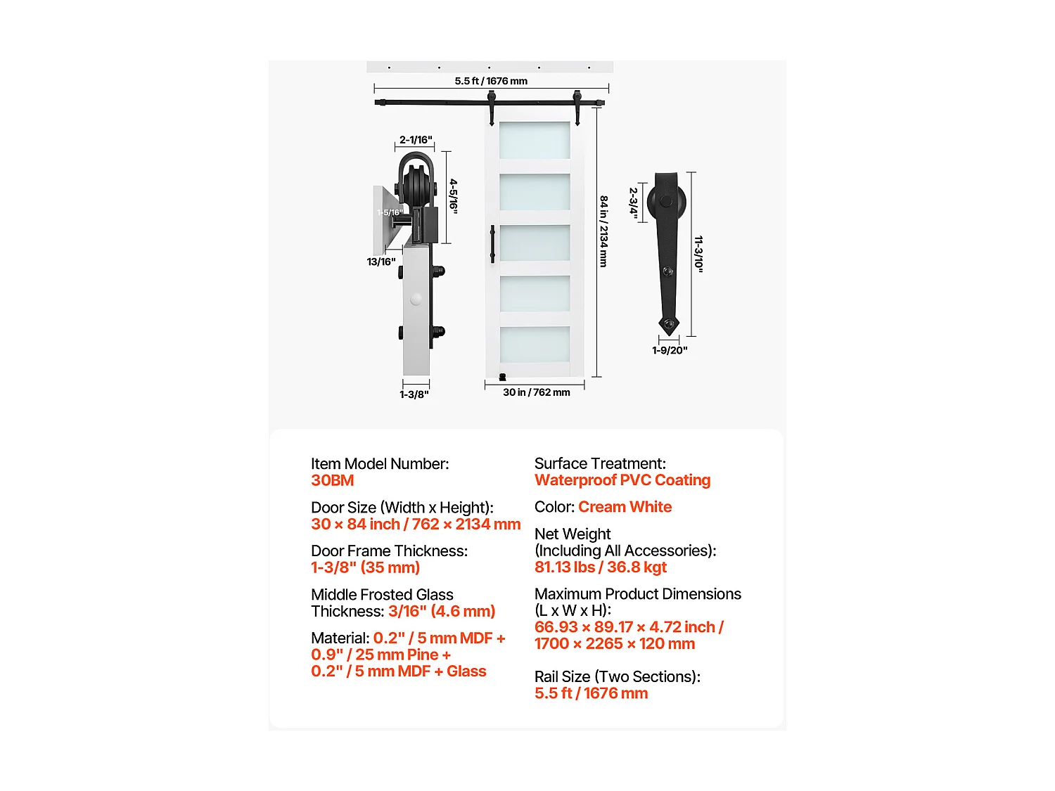 Schuurdeur Schuifdeur SucceBuy, 76.2 x 213.4 cm, van MDF Plaat, Schuifdeur Set met Beslag Set, Oppervlak van Waterdicht PVC
