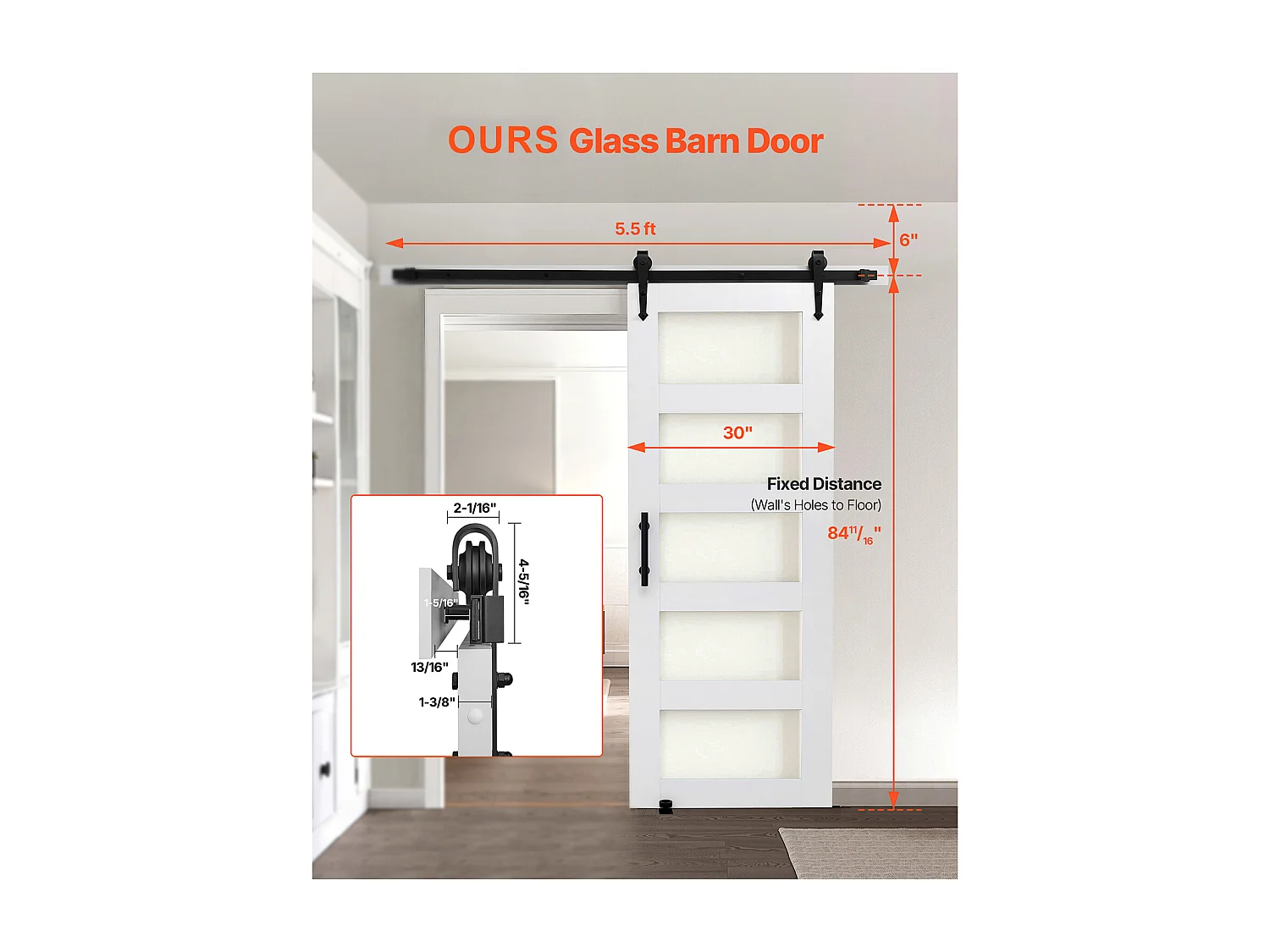 Schuurdeur Schuifdeur SucceBuy, 76.2 x 213.4 cm, van MDF Plaat, Schuifdeur Set met Beslag Set, Oppervlak van Waterdicht PVC