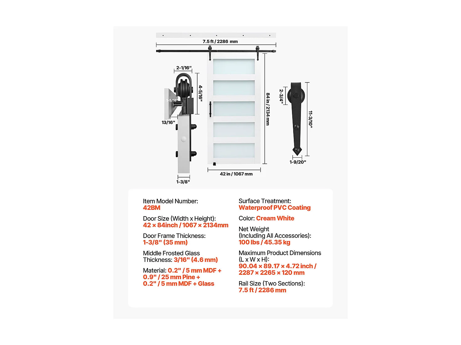 Schuurdeur Schuifdeur SucceBuy, 106.7 x 213.4 cm, van MDF Plaat, Schuifdeur Set met Beslag Set, Oppervlak van Waterdicht PVC