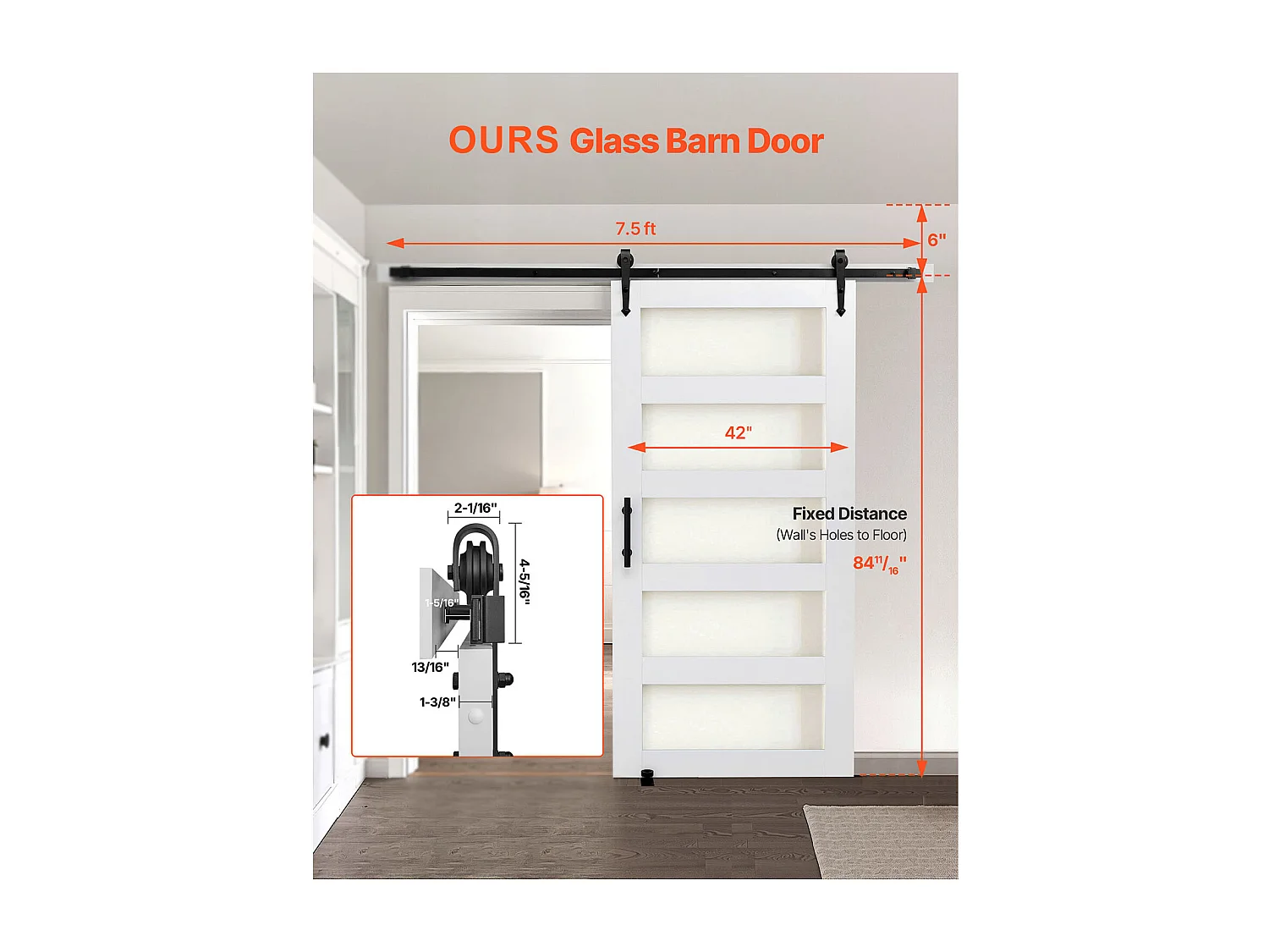 Schuurdeur Schuifdeur SucceBuy, 106.7 x 213.4 cm, van MDF Plaat, Schuifdeur Set met Beslag Set, Oppervlak van Waterdicht PVC