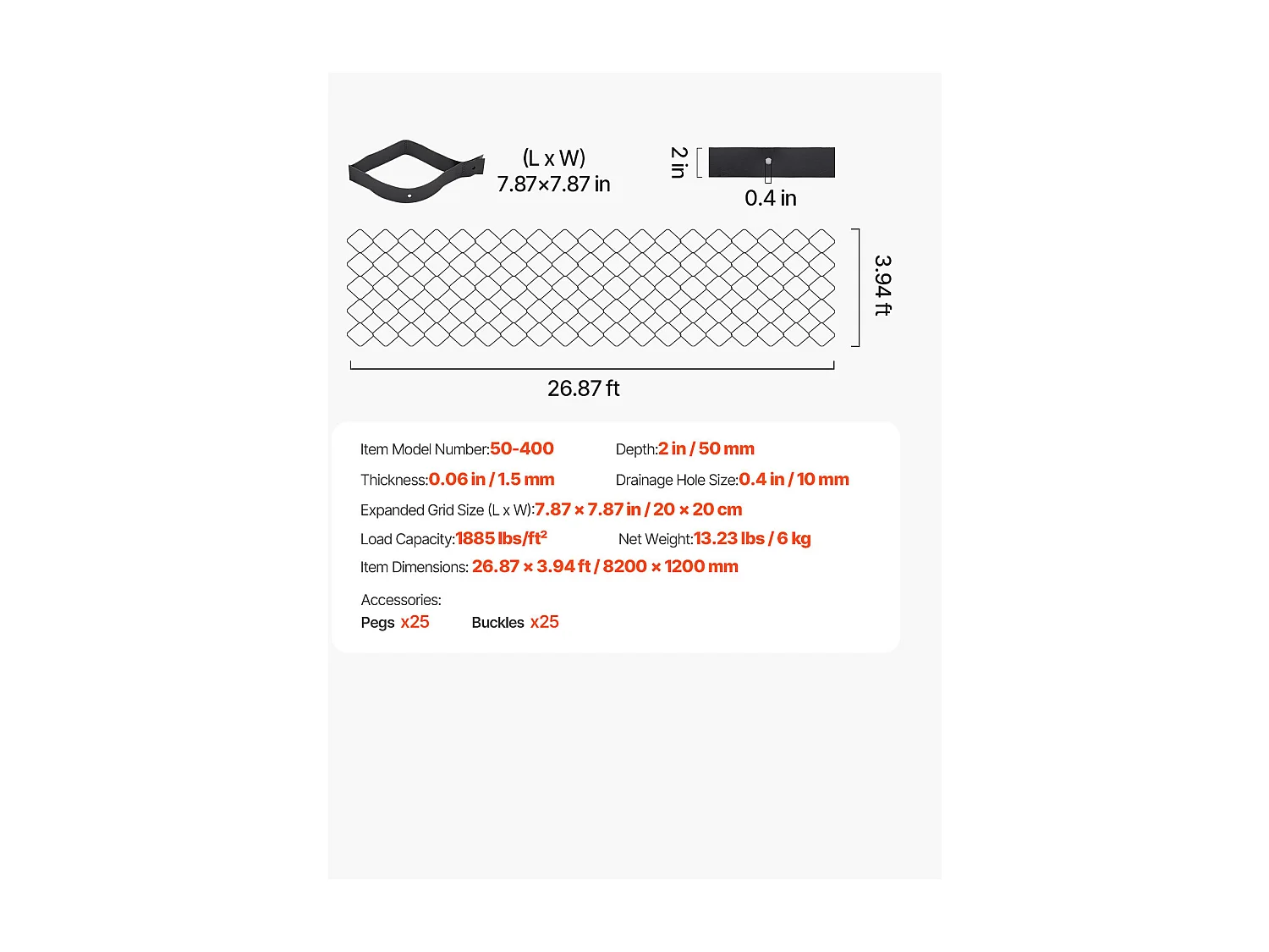 Stabilisateur de Gravier SucceBuy, 8,2x1,2 m, Grille de Stabilisation de Sol Géocellulaire, Profondeur 50 mm, Retenue de Gazon au Sol Stable, pour Allée