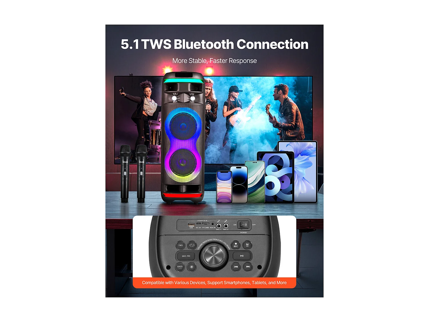 Máquina de Karaoke SucceBuy para Adultos, 80 W, Altavoz Bluetooth Portátil de 8 Pulgadas con 2 Micrófonos Inalámbricos, Luz LED, Función TWS, Ruedas