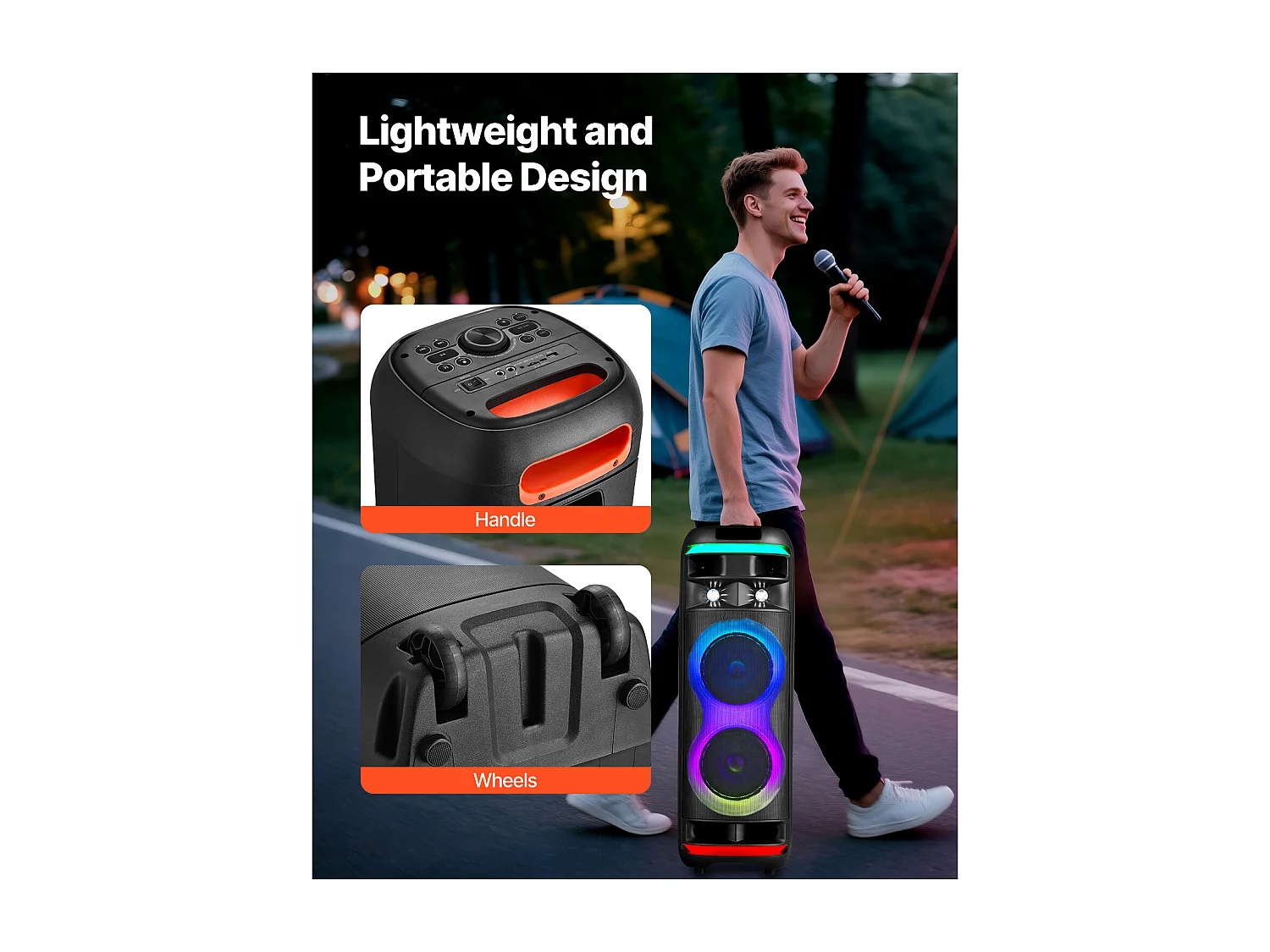 Máquina de Karaoke SucceBuy para Adultos, 80 W, Altavoz Bluetooth Portátil de 8 Pulgadas con 2 Micrófonos Inalámbricos, Luz LED, Función TWS, Ruedas