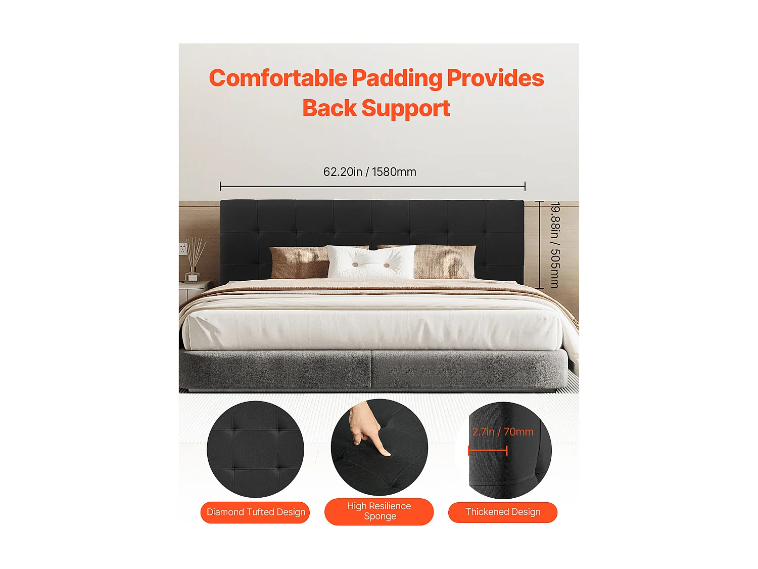 Hoofdeinde SucceBuy voor Queensize Bed, in Hoogte Verstelbaar Hoofdeinde op Voet, Comfortabel Gestoffeerd met Ruitjesmotief, voor Slaapkamer, Slaapzaal, Zwart