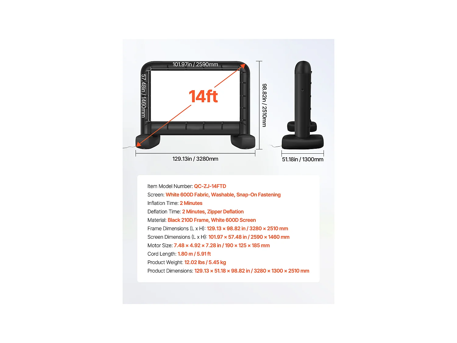 Écran de Projection Gonflable SucceBuy, Diagonale de 427 Cm, Format 16:9, 600D, Lavable, avec Sac de Rangement Portable, pour Extérieur, Cinéma Maison