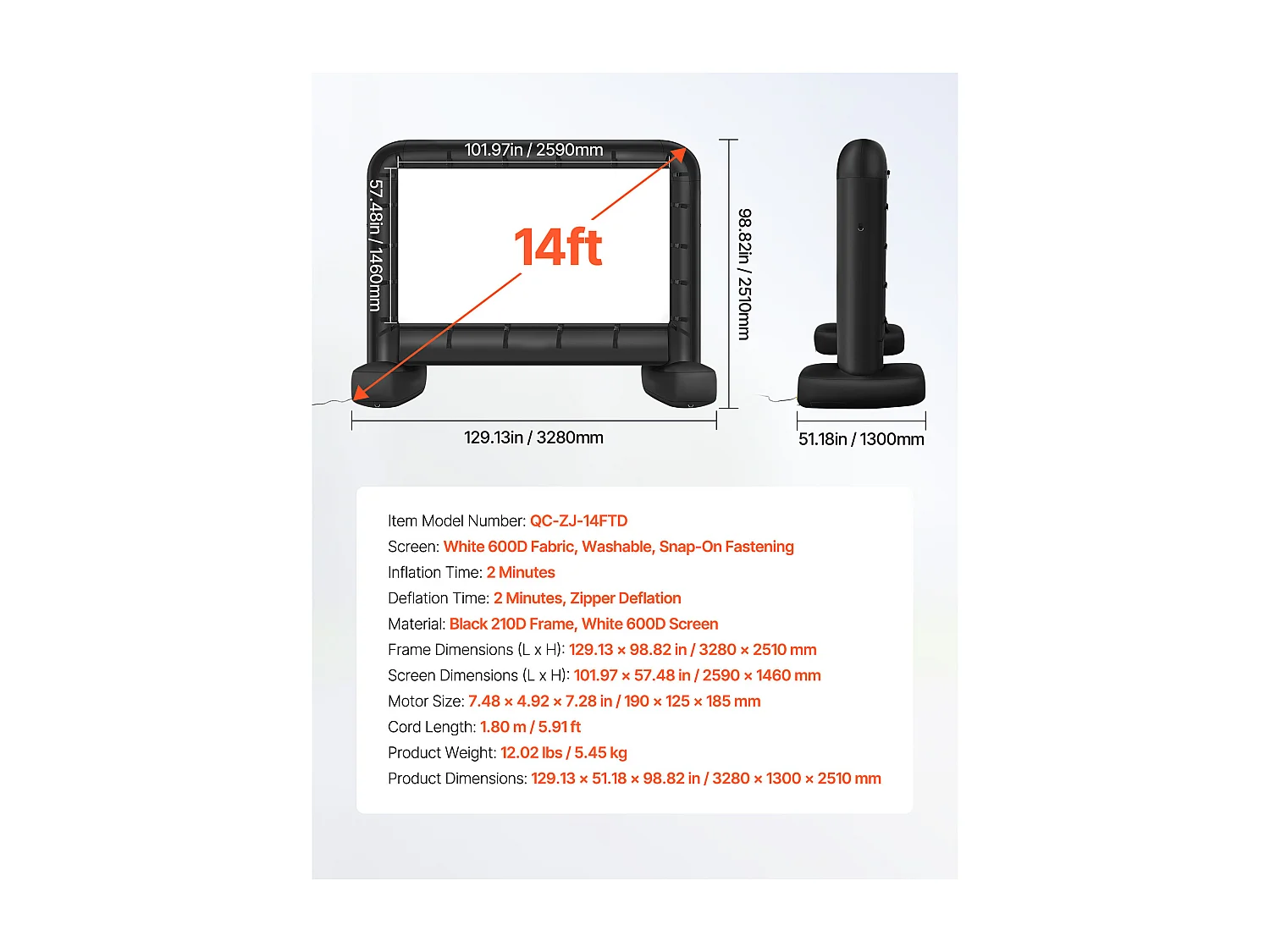 Écran de Projection Gonflable SucceBuy, Diagonale de 427 Cm, Format 16:9, 600D, Lavable, avec Sac de Rangement Portable, pour Extérieur, Cinéma Maison