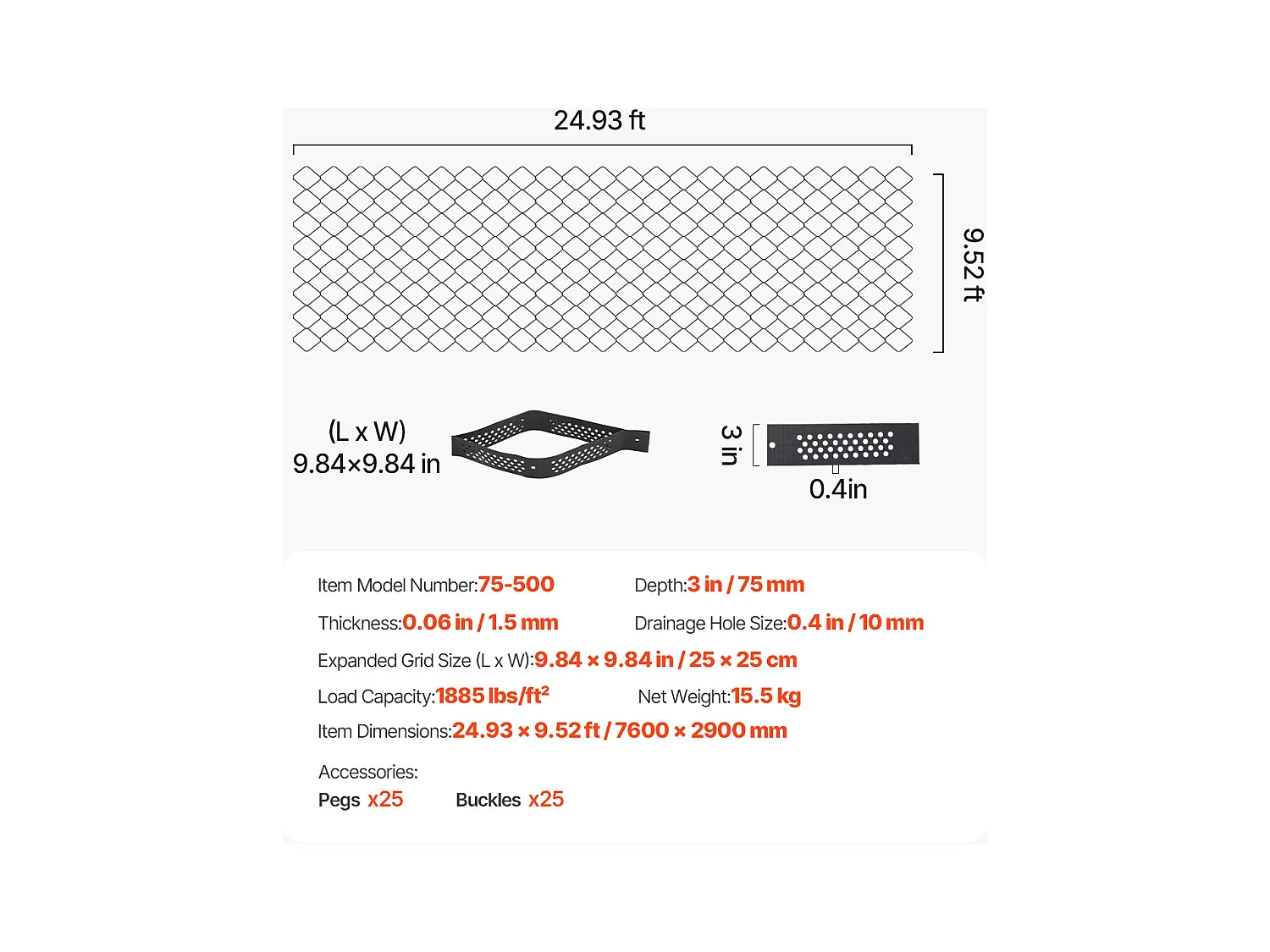 Kiesstabilisator SucceBuy, 7,6x2,9 m, Geozellulare Bodenstabilisierungsmatte, Tiefe 75 mm, Rasenrückhalt auf Stabilem Boden, für Garten
