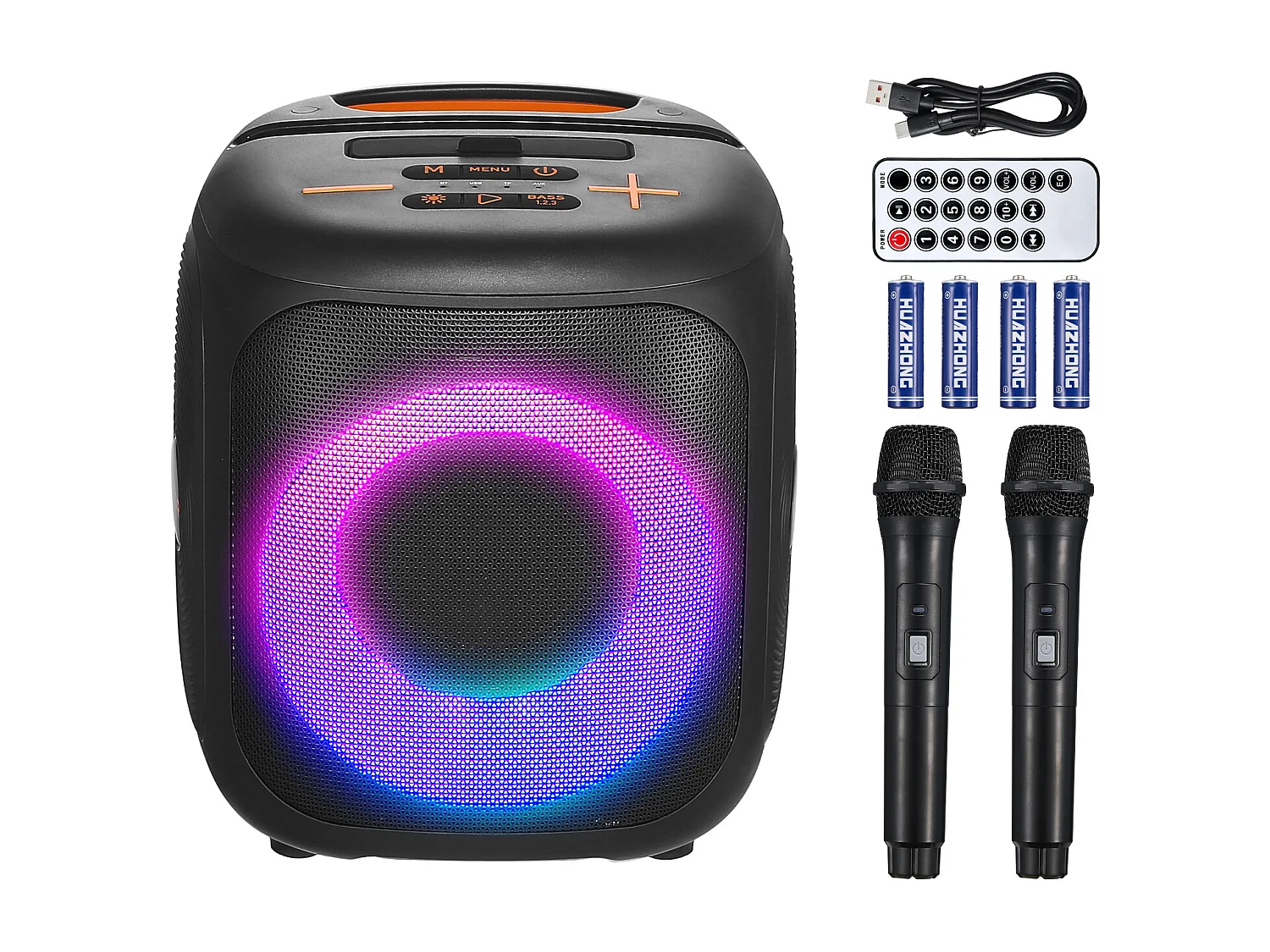 Karaoke-machine SucceBuy voor Volwassenen, 15 W, Draagbare Bluetooth-luidspreker 4 Inch met 2 Draadloze Microfoons, LED-licht, TWS-functie, Handvat
