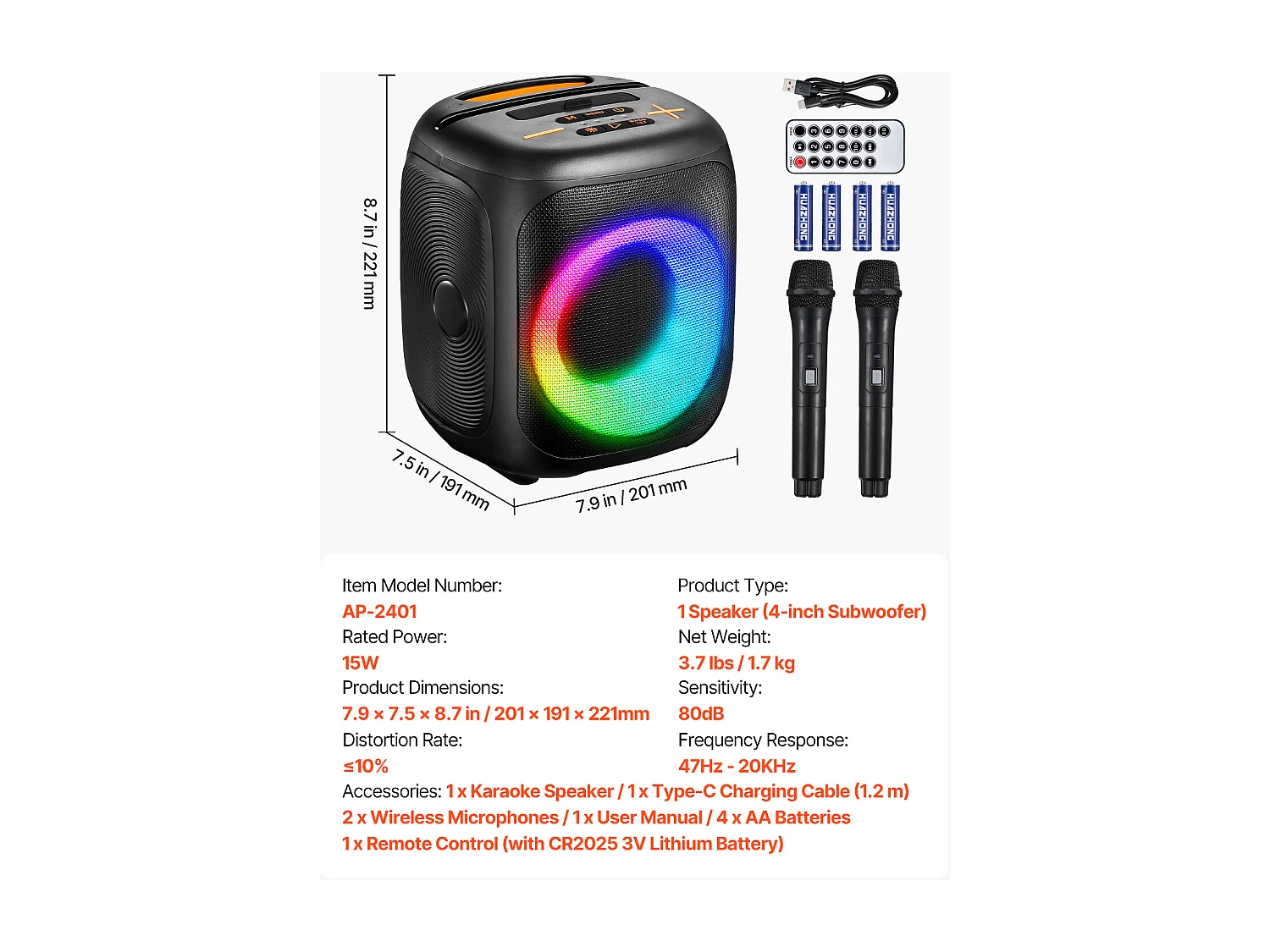 Karaoke-machine SucceBuy voor Volwassenen, 15 W, Draagbare Bluetooth-luidspreker 4 Inch met 2 Draadloze Microfoons, LED-licht, TWS-functie, Handvat