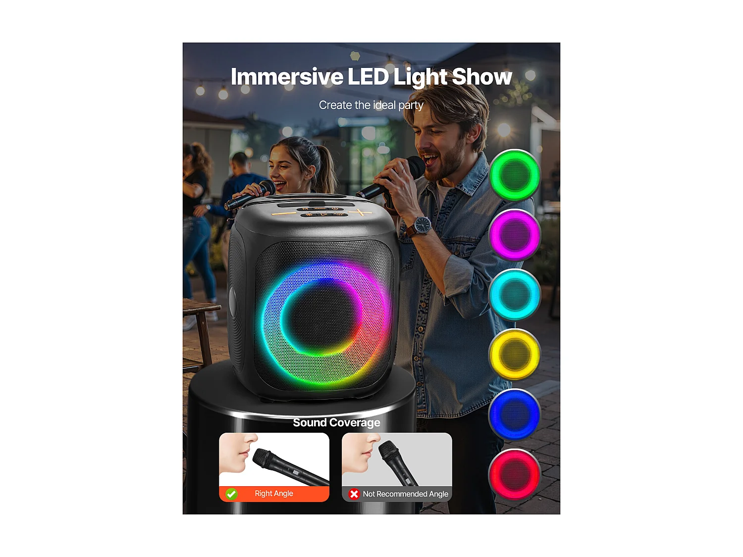 Karaoke-machine SucceBuy voor Volwassenen, 15 W, Draagbare Bluetooth-luidspreker 4 Inch met 2 Draadloze Microfoons, LED-licht, TWS-functie, Handvat