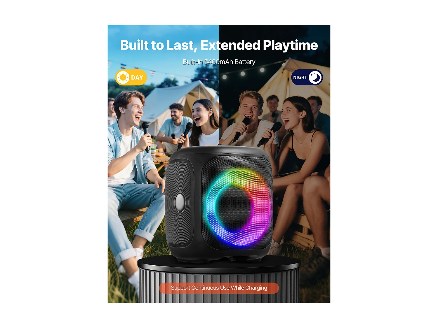 Karaoke-machine SucceBuy voor Volwassenen, 15 W, Draagbare Bluetooth-luidspreker 4 Inch met 2 Draadloze Microfoons, LED-licht, TWS-functie, Handvat