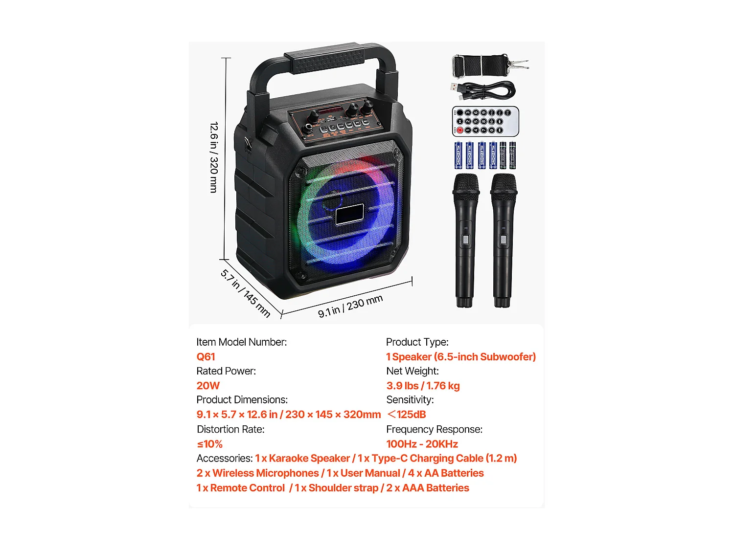 Machine de Karaoké SucceBuy pour Adultes, 20 W, Enceinte Bluetooth Portable de 6,5 Pouces avec 2 Microphones Sans Fil, Lumière LED, Fonction TWS, Poignée