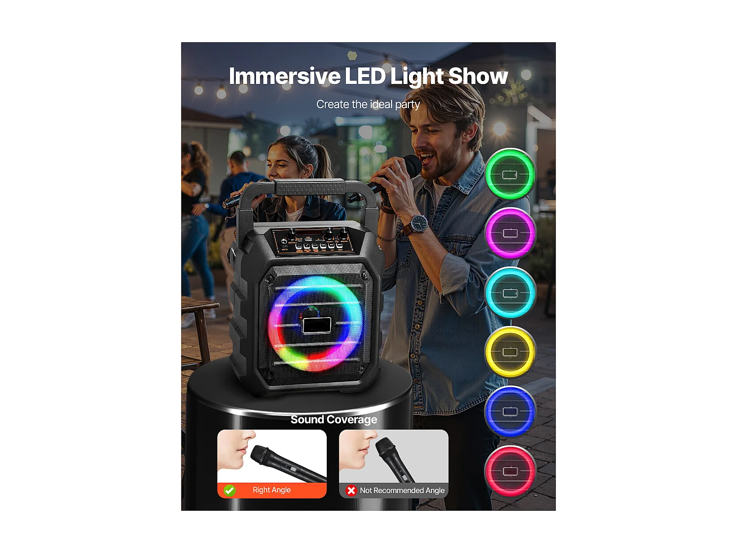 Machine de Karaoké SucceBuy pour Adultes, 20 W, Enceinte Bluetooth Portable de 6,5 Pouces avec 2 Microphones Sans Fil, Lumière LED, Fonction TWS, Poignée