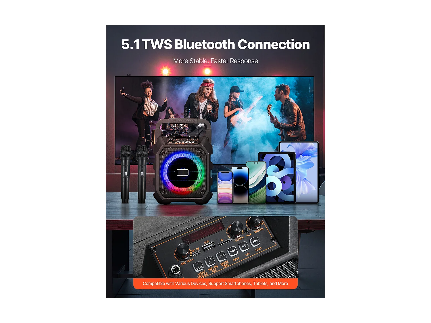 Machine de Karaoké SucceBuy pour Adultes, 20 W, Enceinte Bluetooth Portable de 6,5 Pouces avec 2 Microphones Sans Fil, Lumière LED, Fonction TWS, Poignée