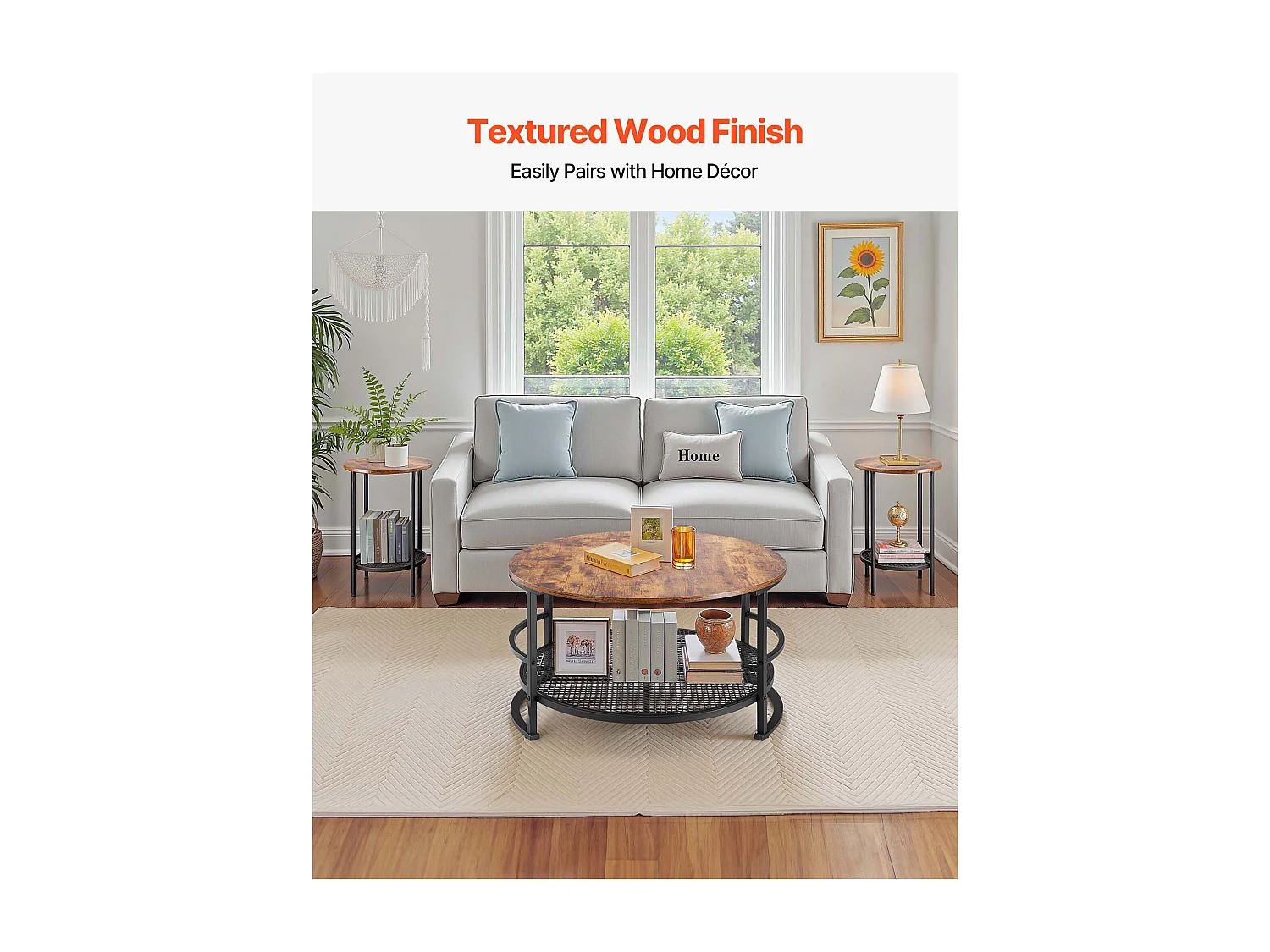 Lote de 3 Mesas de Salón Redondas SucceBuy, Mesa de Centro Industrial de 80 x 80 x 46,5 cm con 2 Mesas de Sofá de 40 x 40 x 60 cm, con Patas de Metal