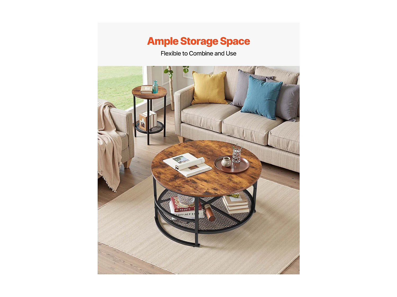 Lote de 3 Mesas de Salón Redondas SucceBuy, Mesa de Centro Industrial de 80 x 80 x 46,5 cm con 2 Mesas de Sofá de 40 x 40 x 60 cm, con Patas de Metal