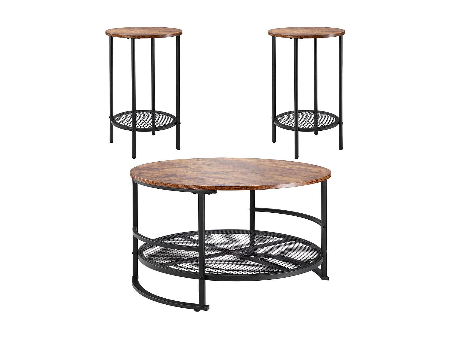 Lote de 3 Mesas de Salón Redondas SucceBuy, Mesa de Centro Industrial de 80 x 80 x 46,5 cm con 2 Mesas de Sofá de 40 x 40 x 60 cm, con Patas de Metal