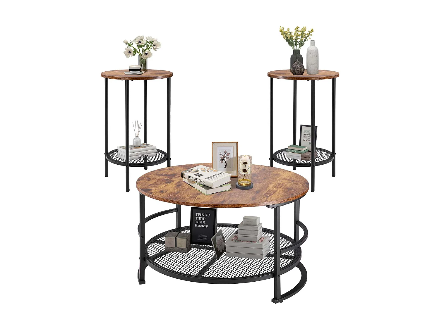 Lote de 3 Mesas de Salón Redondas SucceBuy, Mesa de Centro Industrial de 80 x 80 x 46,5 cm con 2 Mesas de Sofá de 40 x 40 x 60 cm, con Patas de Metal