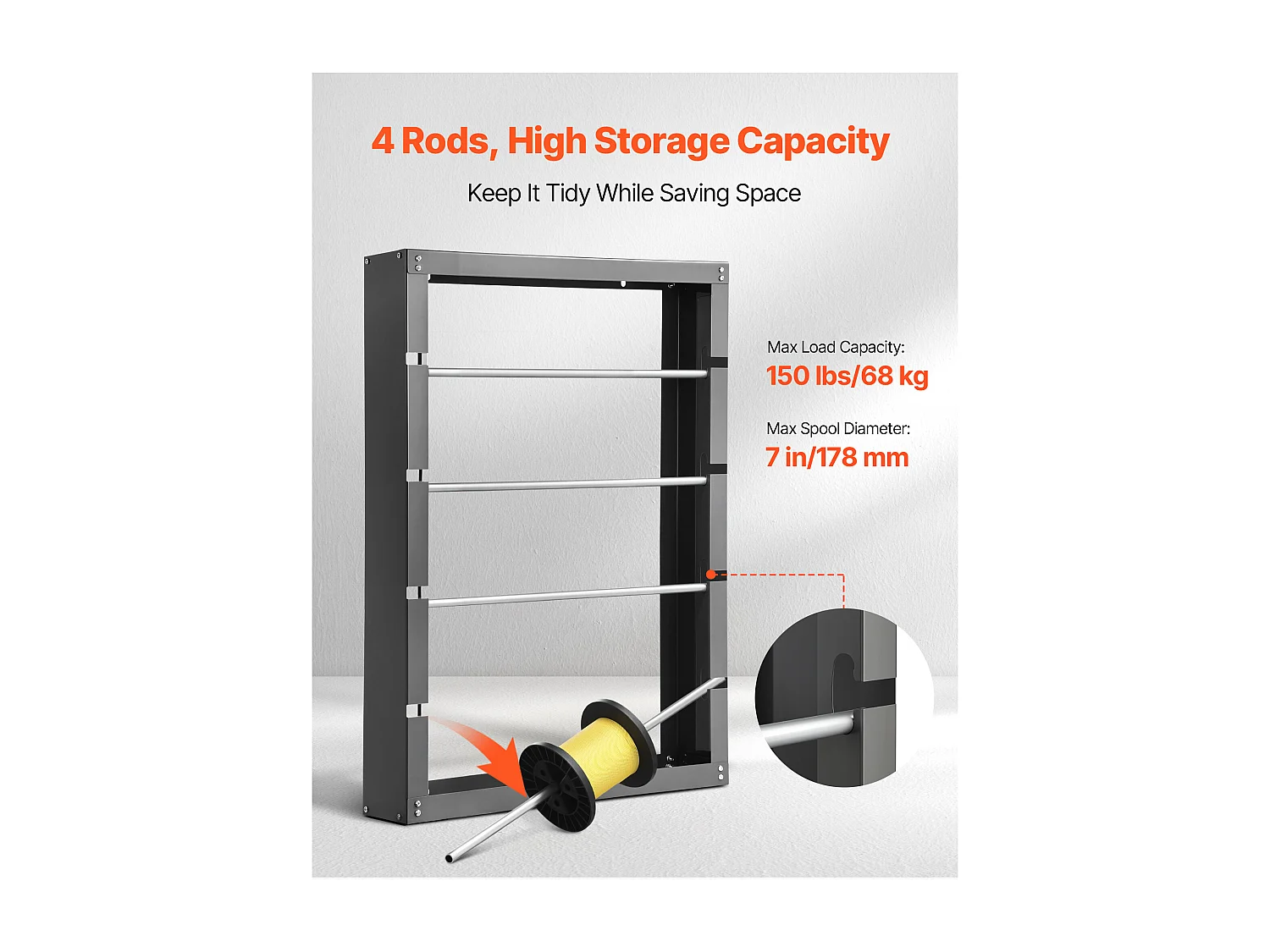 Support de Bobines de Fil SucceBuy, 4 Tiges Réglables, Porte-Bobines de Câbles Mural Acier Laminé à Froid, Support de Rangement, Capacité de Charge 68 kg