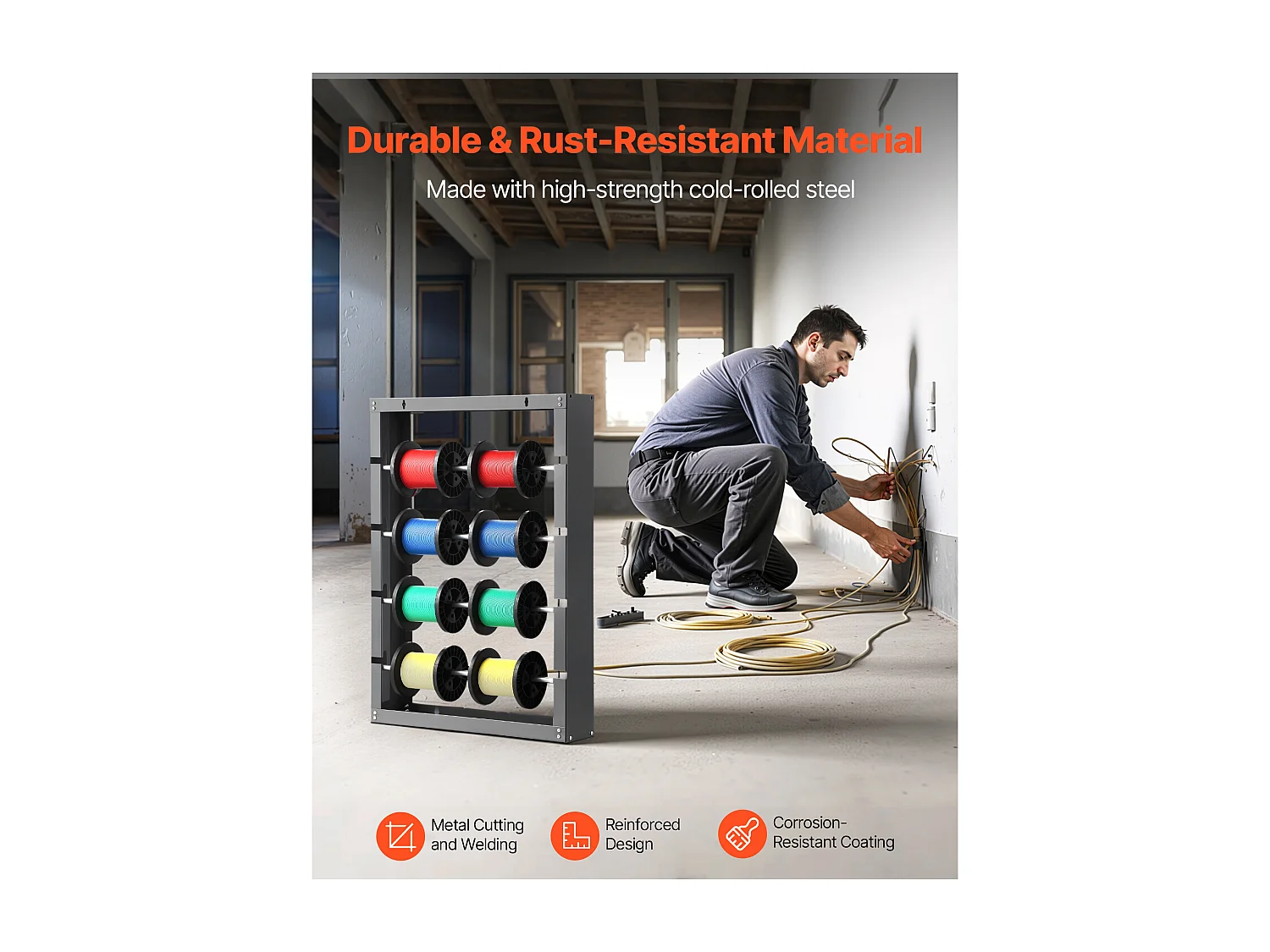 Support de Bobines de Fil SucceBuy, 4 Tiges Réglables, Porte-Bobines de Câbles Mural Acier Laminé à Froid, Support de Rangement, Capacité de Charge 68 kg