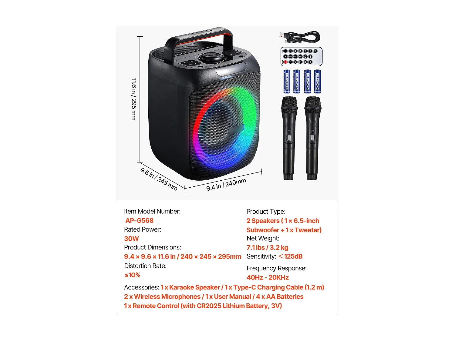 Karaoké pour Adultes SucceBuy, 30 W, Enceinte Bluetooth Portable de 6,5 Pouces avec 2 Microphones Sans Fil, Lumière LED, Fonction TWS, Poignée