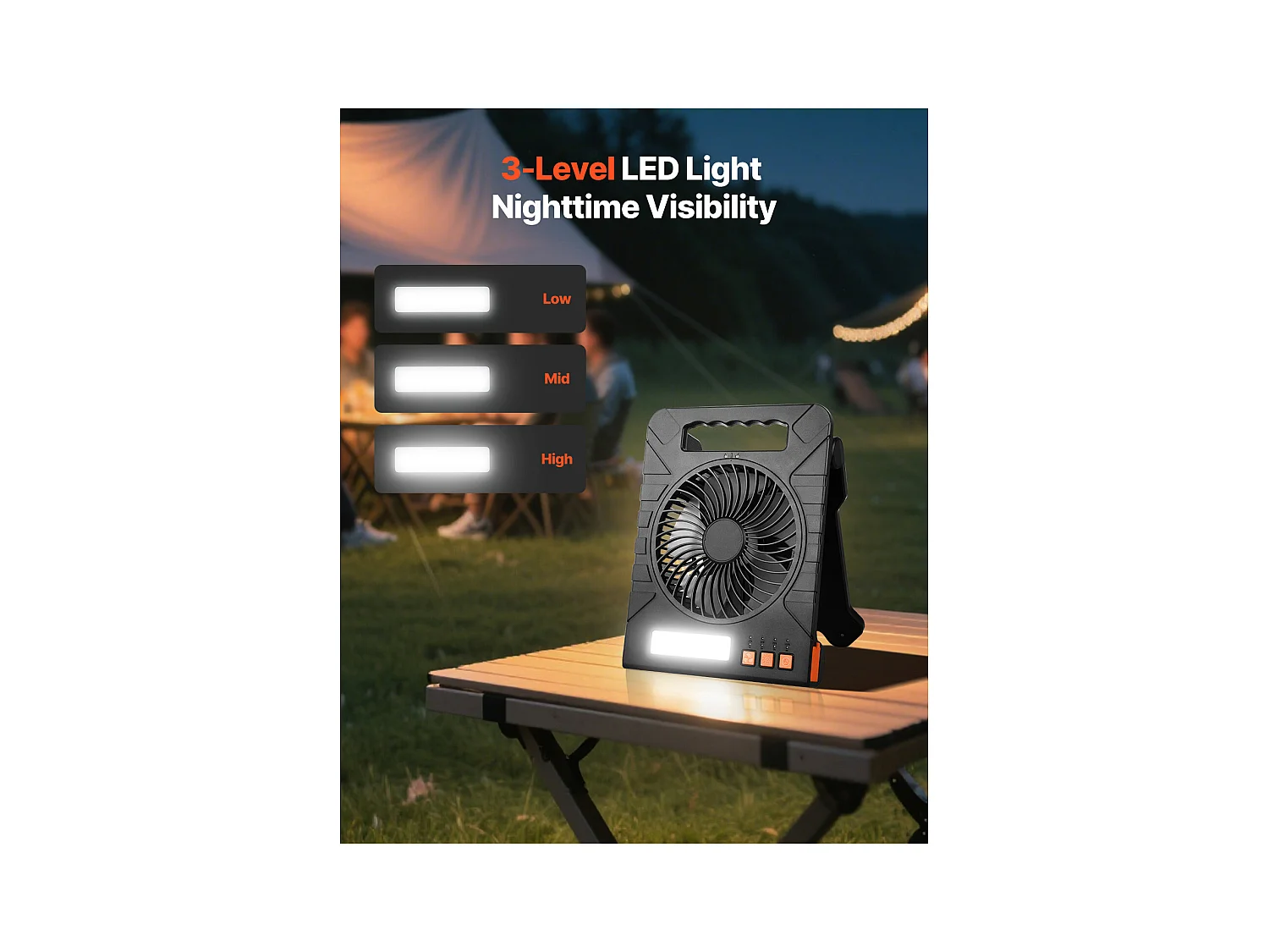 Ventilador Solar SucceBuy Portátil Recargable 10000 mAh con Iluminación LED, Panel Solar Plegable 4 W, 4 Velocidades, Temporizador, Alimentación USB