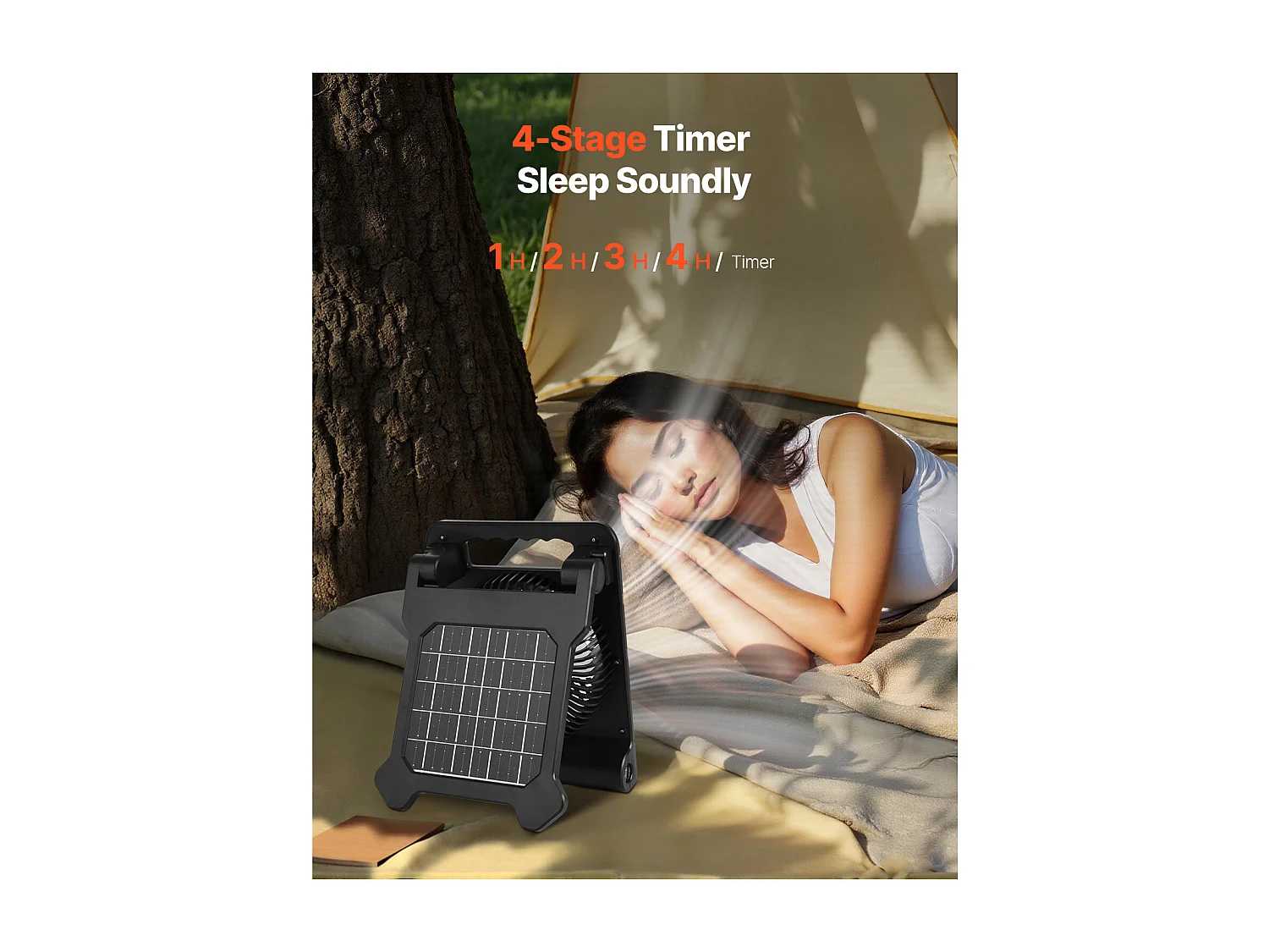 Ventilateur Solaire SucceBuy Portable Rechargeable 10000 mAh avec Éclairage LED, Panneau Solaire Pliable 4 W, 4 Vitesses, Minuterie, Alimentation USB