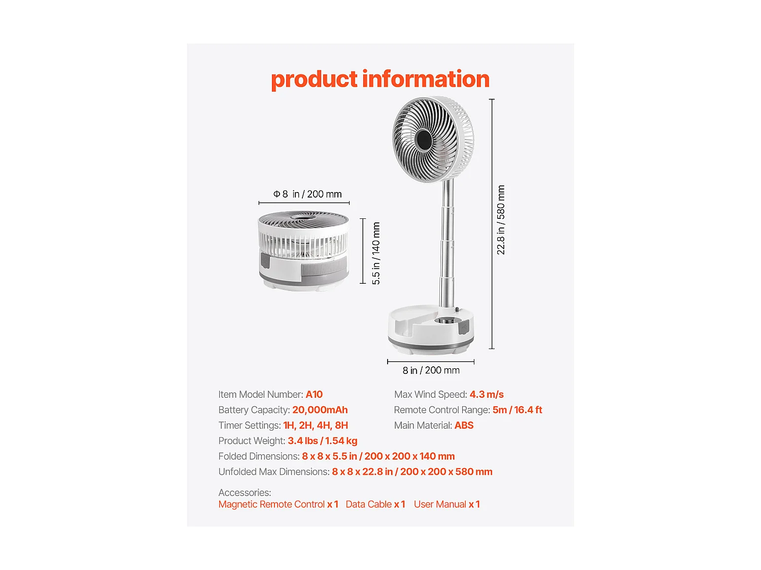 Ventilateur Oscillant SucceBuy Portable Pliable Rechargeable 20,3 cm, 3 en 1, Alimenté par Batterie, avec Télécommande, Silencieux, pour Table, 8 Vitesses