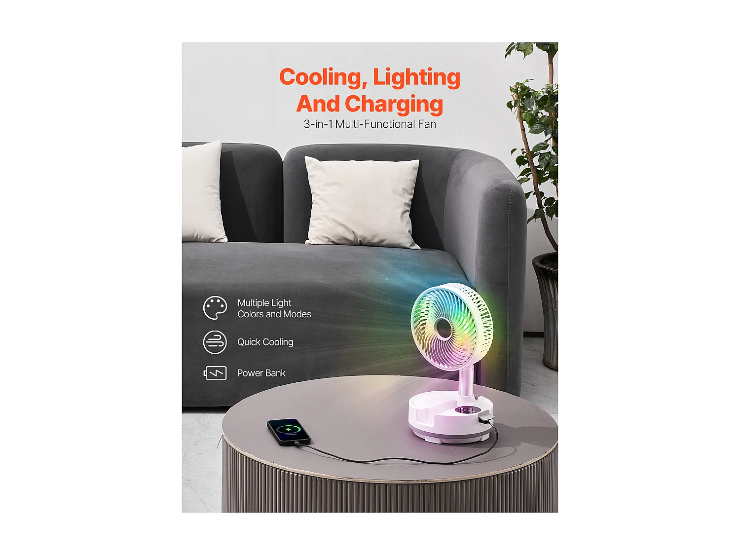 Ventilateur Oscillant SucceBuy Portable Pliable Rechargeable 20,3 cm, 3 en 1, Alimenté par Batterie, avec Télécommande, Silencieux, pour Table, 8 Vitesses