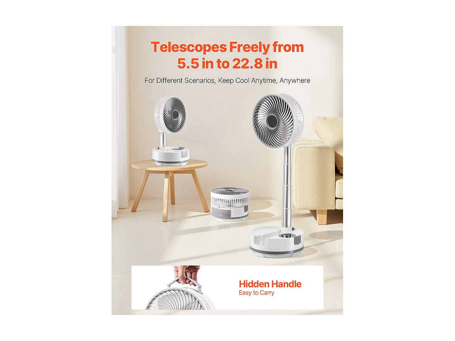 Ventilateur Oscillant SucceBuy Portable Pliable Rechargeable 20,3 cm, 3 en 1, Alimenté par Batterie, avec Télécommande, Silencieux, pour Table, 8 Vitesses