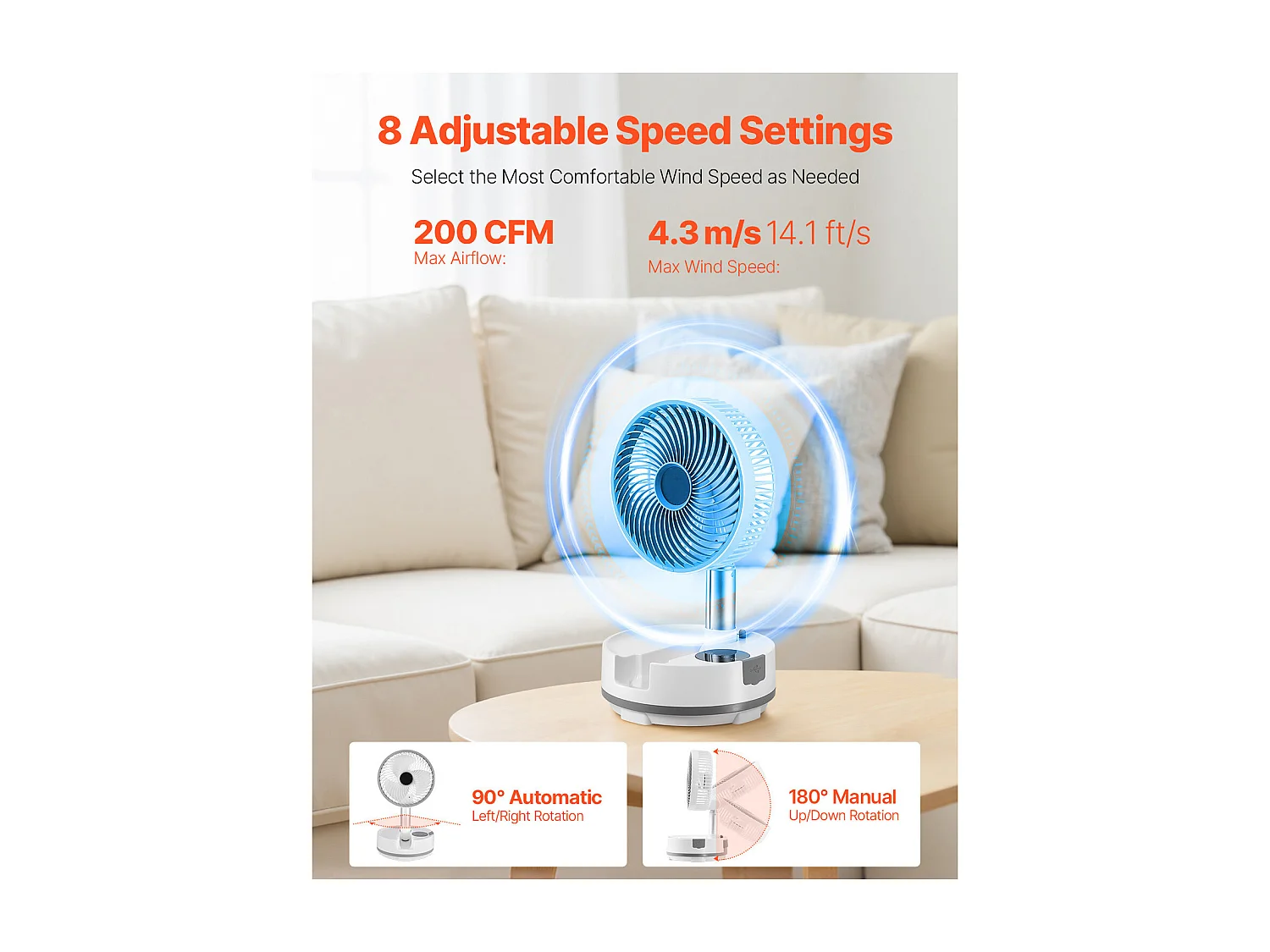 Ventilateur Oscillant SucceBuy Portable Pliable Rechargeable 20,3 cm, 3 en 1, Alimenté par Batterie, avec Télécommande, Silencieux, pour Table, 8 Vitesses