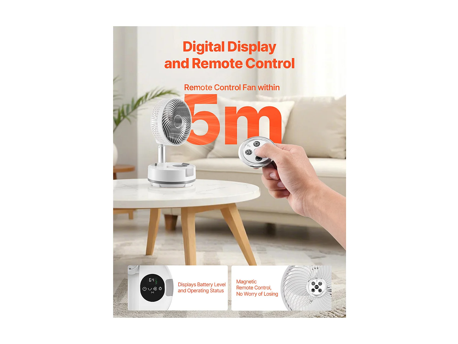 Ventilateur Oscillant SucceBuy Portable Pliable Rechargeable 20,3 cm, 3 en 1, Alimenté par Batterie, avec Télécommande, Silencieux, pour Table, 8 Vitesses