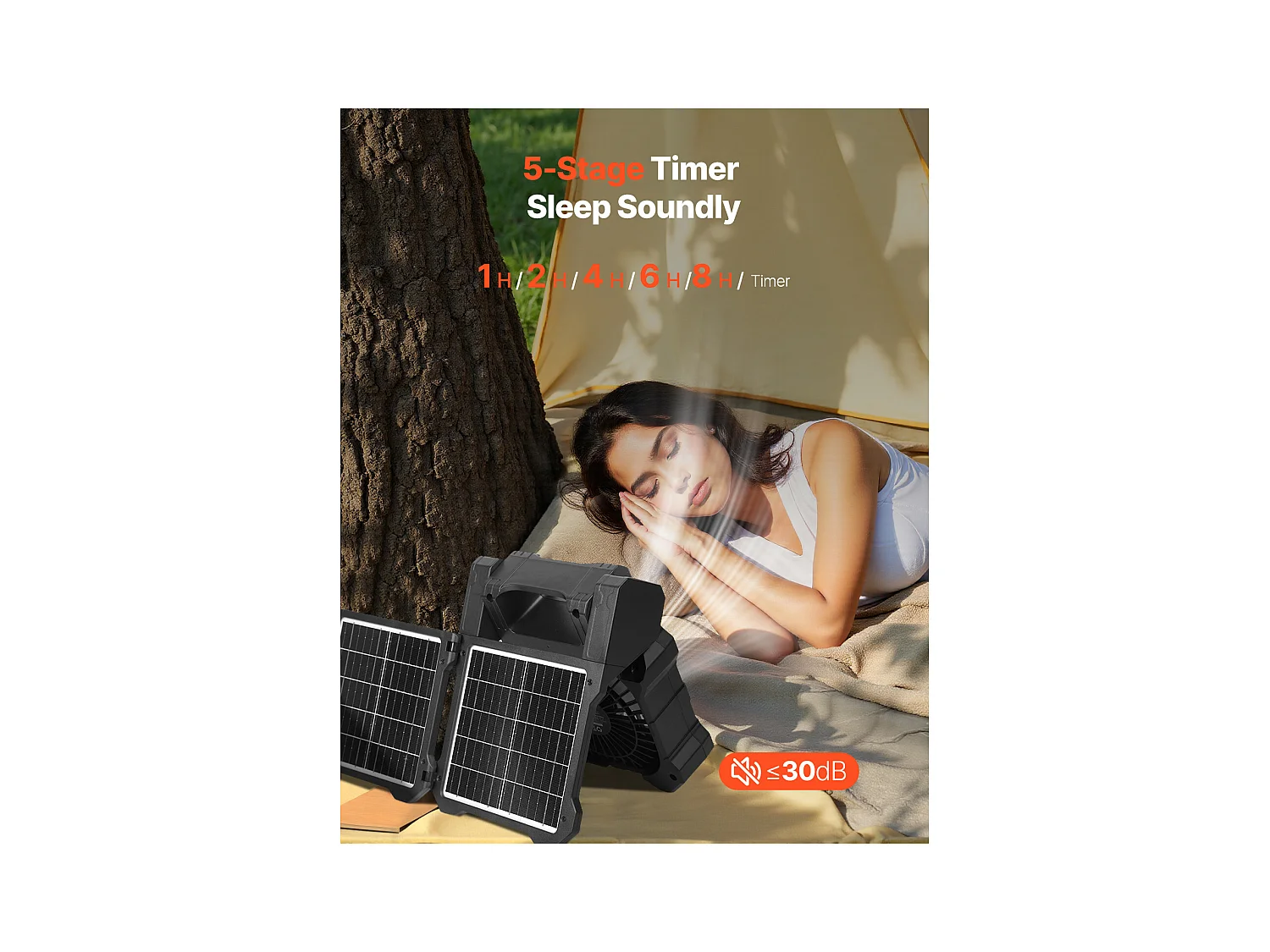 Ventilador Solar SucceBuy Recargable 20000 mAh Ventilador Portátil Silencioso 20 cm con Iluminación LED, Panel Solar 7 W, 5 Velocidades, Temporizador