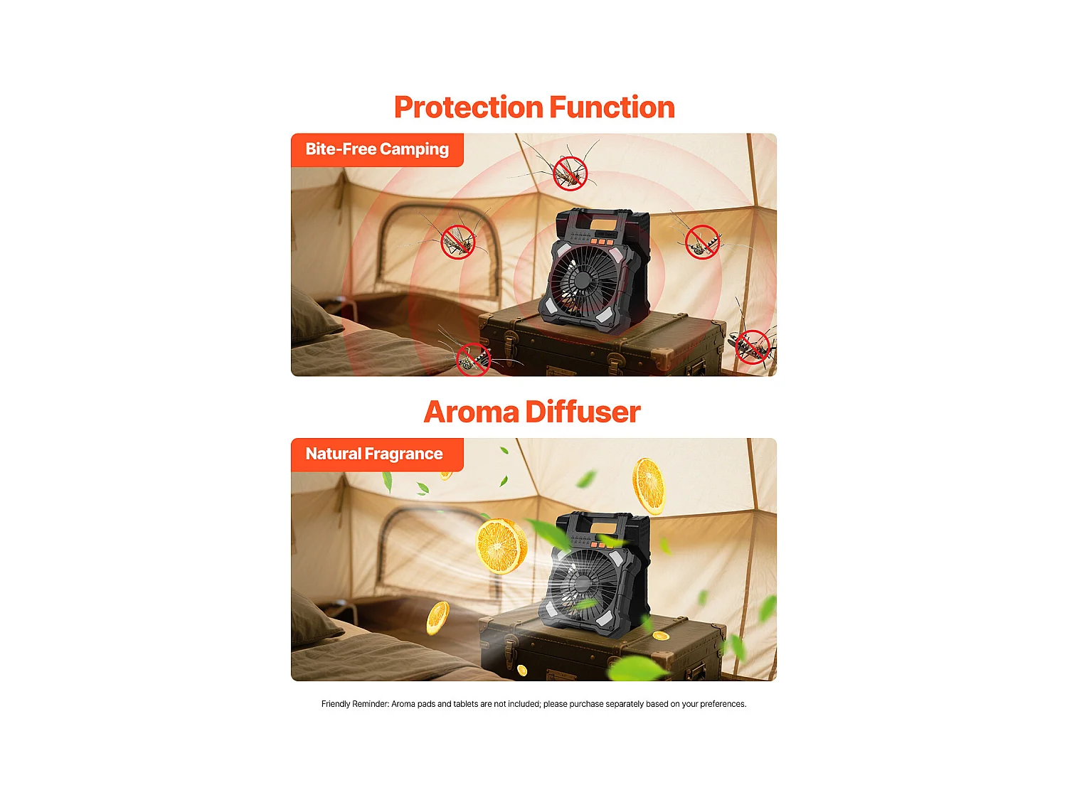 Ventilador Solar SucceBuy Recargable 20000 mAh Ventilador Portátil Silencioso 20 cm con Iluminación LED, Panel Solar 7 W, 5 Velocidades, Temporizador