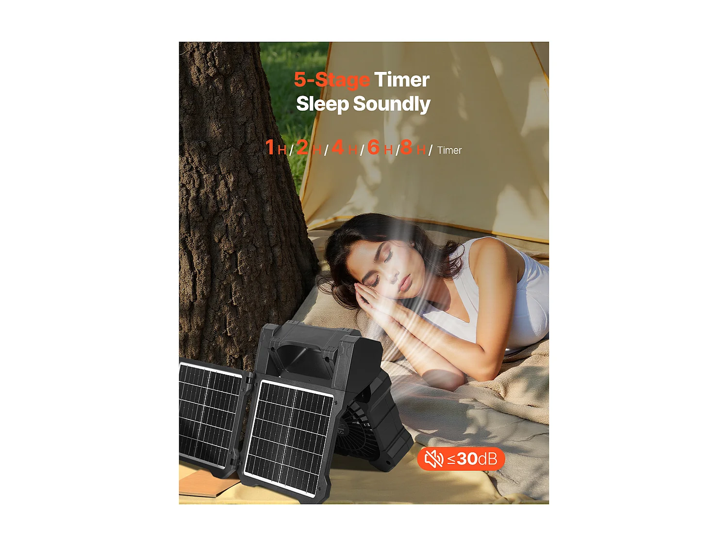 Ventilateur Solaire SucceBuy Rechargeable 20000 mAh Ventilateur Portable Silencieux 20 cm avec Éclairage LED, Panneau Solaire 7 W, 5 Vitesses, Minuterie