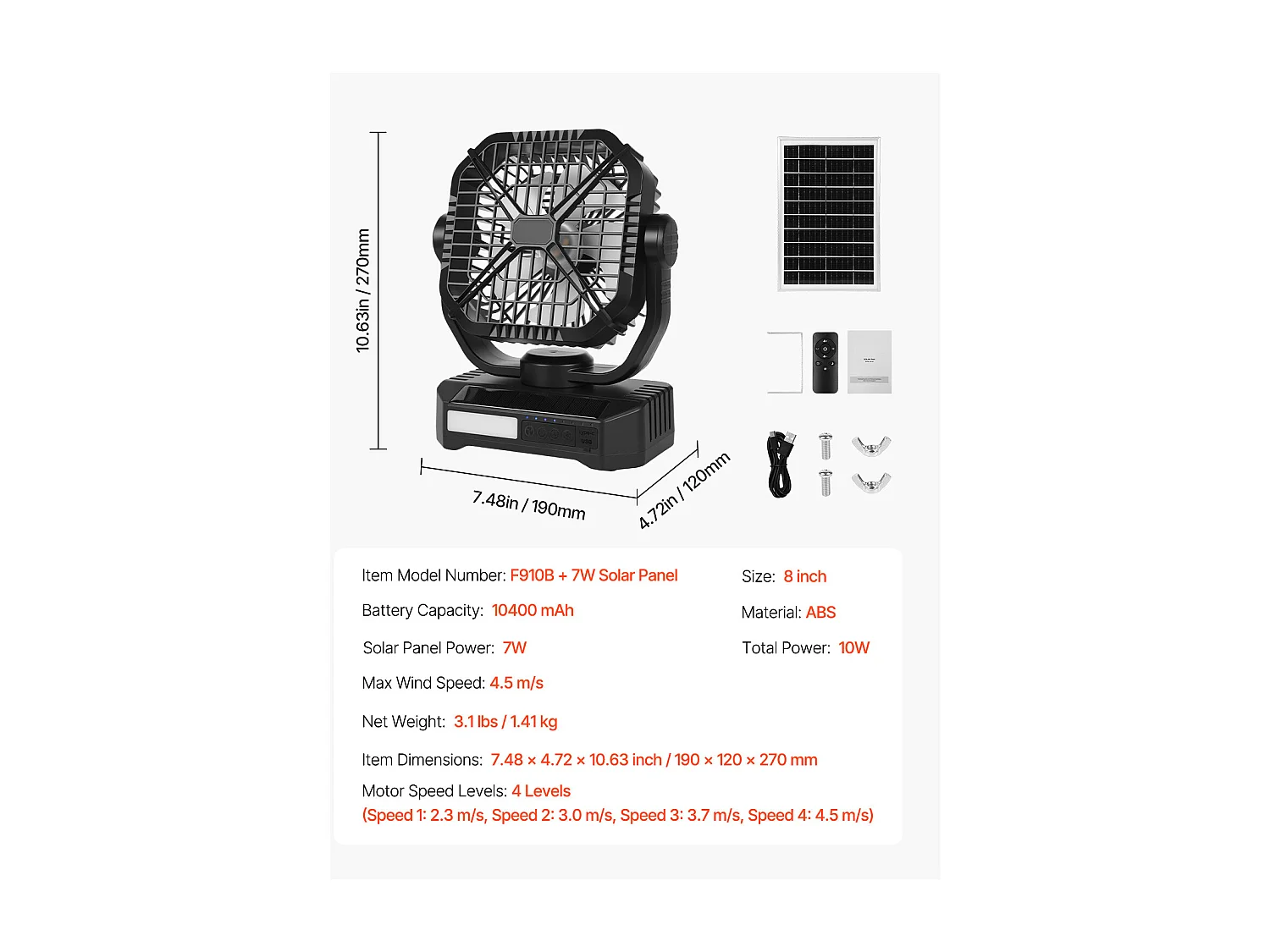 Ventilateur Solaire Rechargeable SucceBuy 10400 mAh, Ventilateur Portable Silencieux de 20 cm avec Éclairage LED, Panneau Solaire 7 W, 4 Vitesses, Minuterie