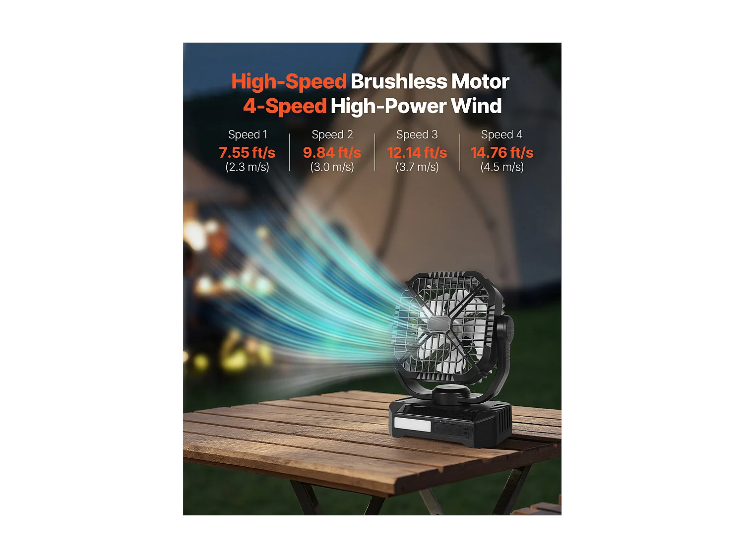 Ventilateur Solaire Rechargeable SucceBuy 10400 mAh, Ventilateur Portable Silencieux de 20 cm avec Éclairage LED, Panneau Solaire 7 W, 4 Vitesses, Minuterie