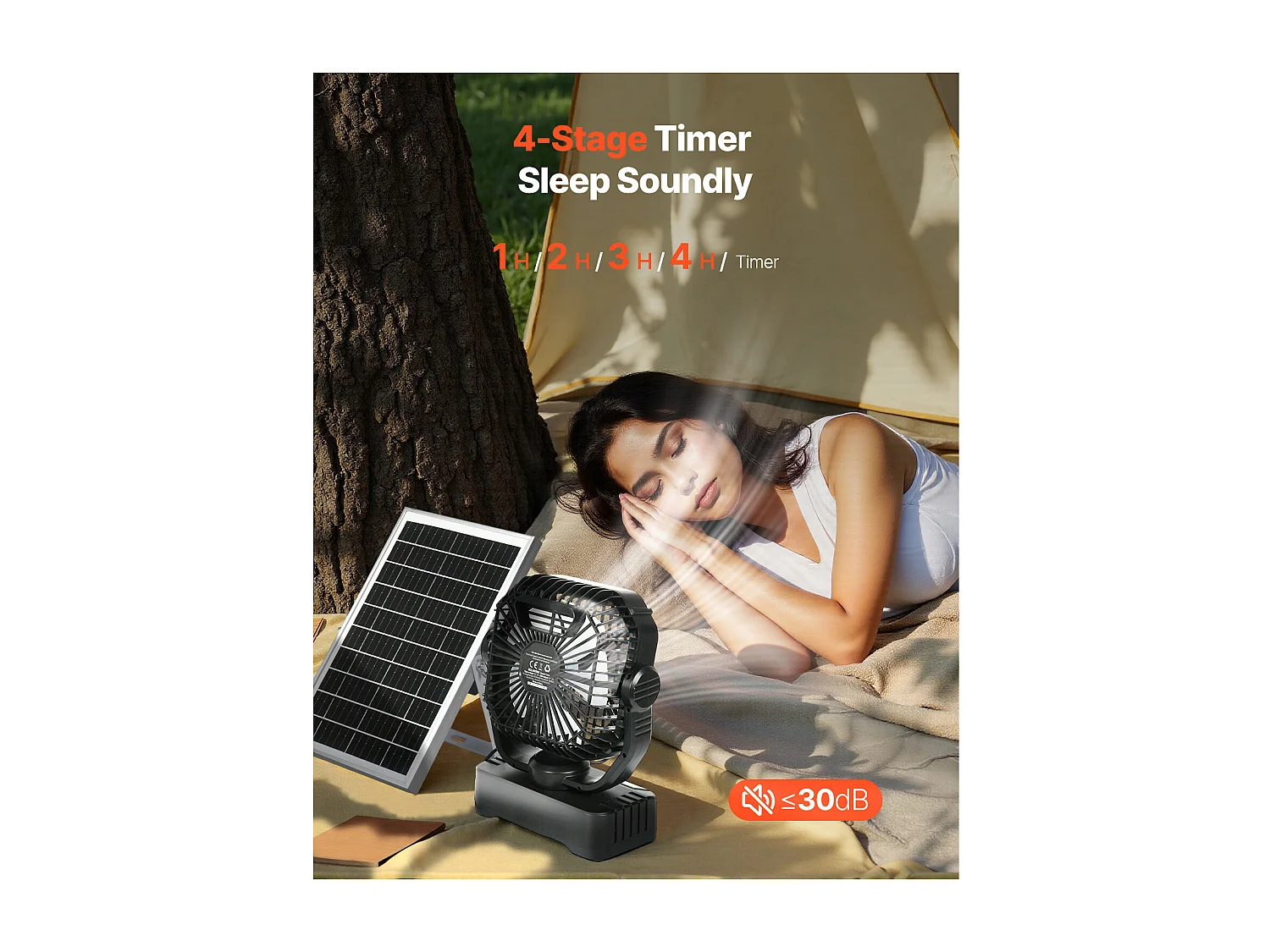 Ventilateur Solaire Rechargeable SucceBuy 10400 mAh, Ventilateur Portable Silencieux de 20 cm avec Éclairage LED, Panneau Solaire 7 W, 4 Vitesses, Minuterie